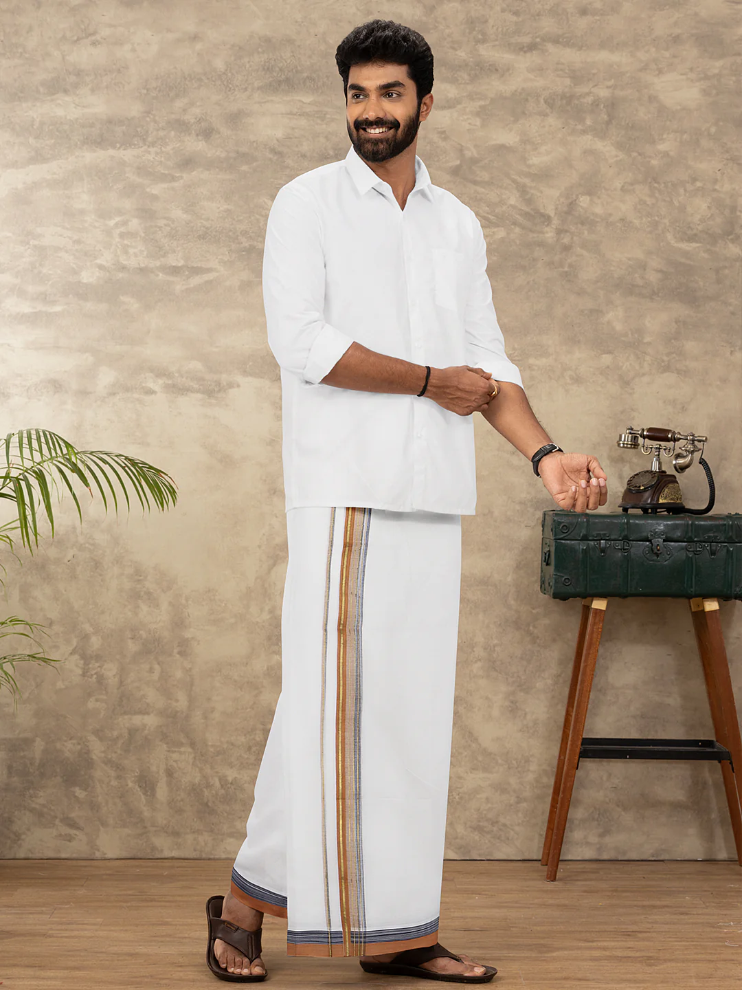 Men 100% Cotton Double Layer White Dhoti with Fancy Jari Border MJF07 - Image 5