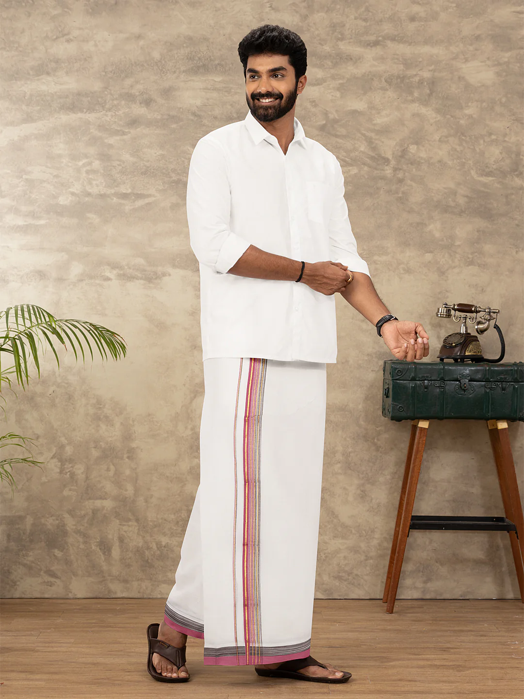Men 100% Cotton Double Layer White Dhoti with Fancy Jari Border MJF08 - Image 5
