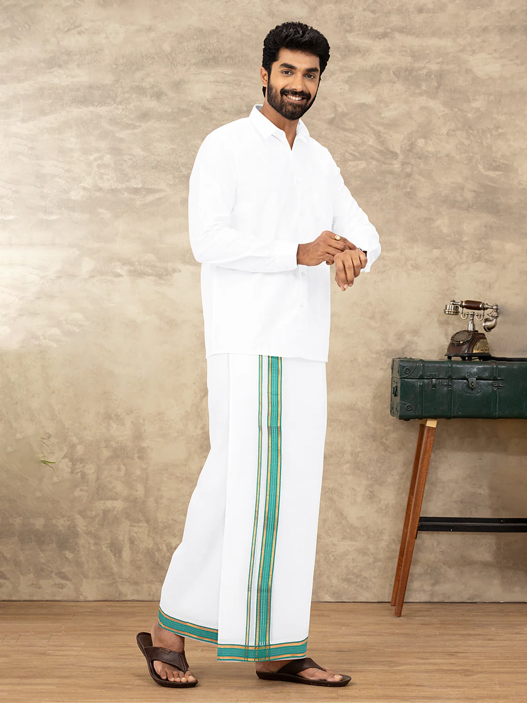 Men 100% Cotton Double Layer White Dhoti with Fancy Jari Border RF04 - Image 2