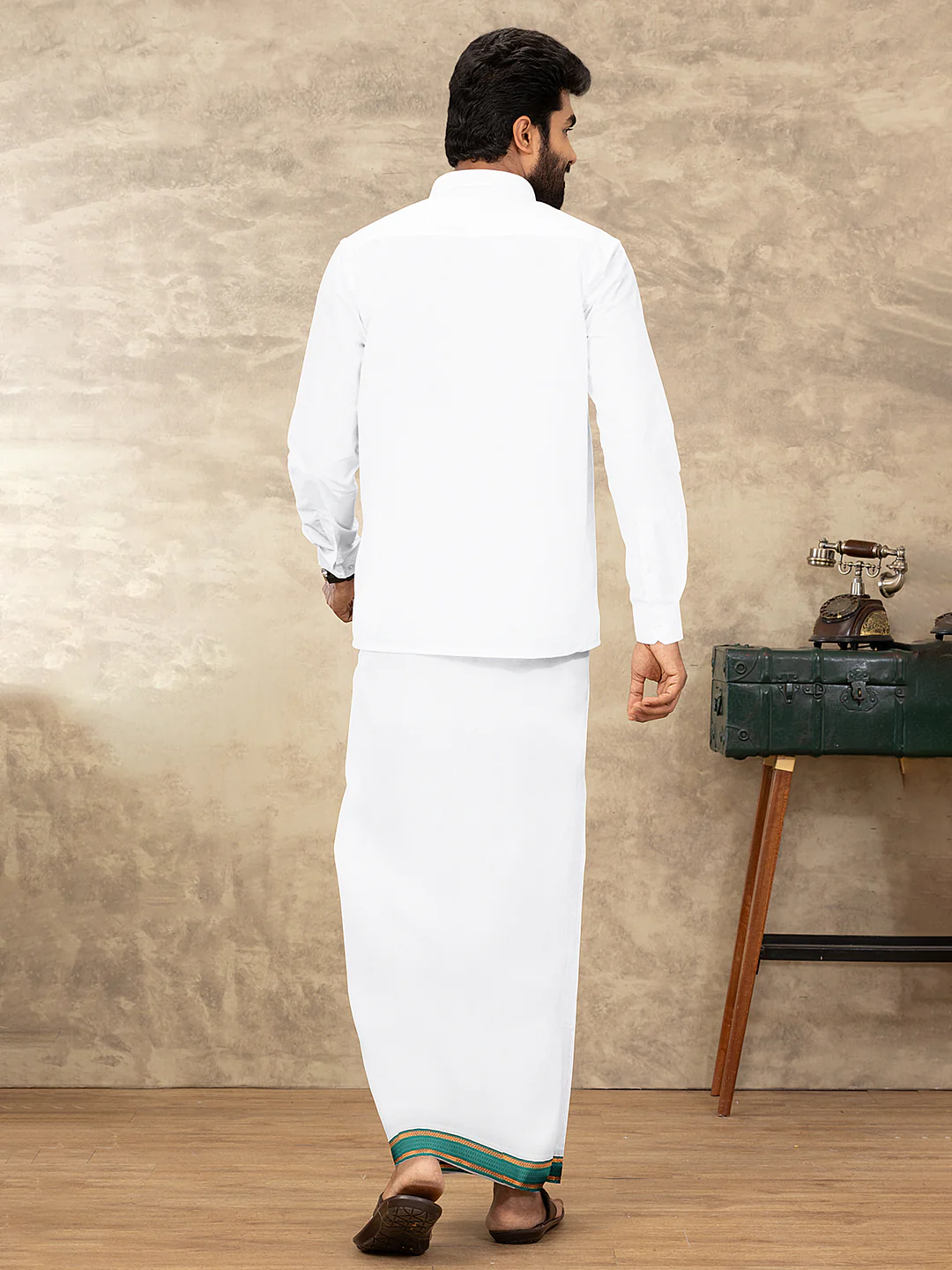 Men 100% Cotton Double Layer White Dhoti with Fancy Jari Border RF04 - Image 4