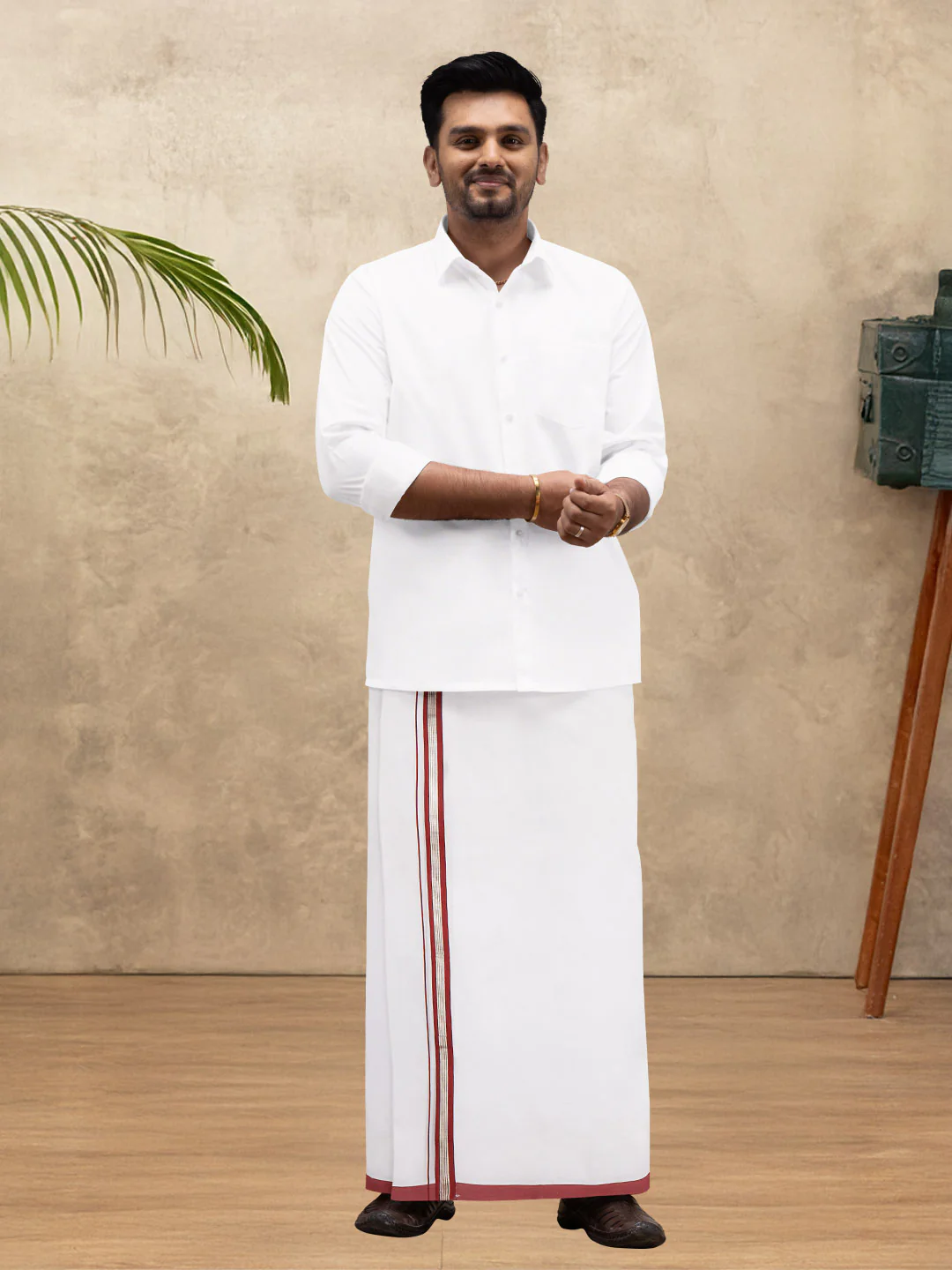Men 100% Cotton Double Layer White Dhoti with Fancy Jari Border RG04 - Image 2