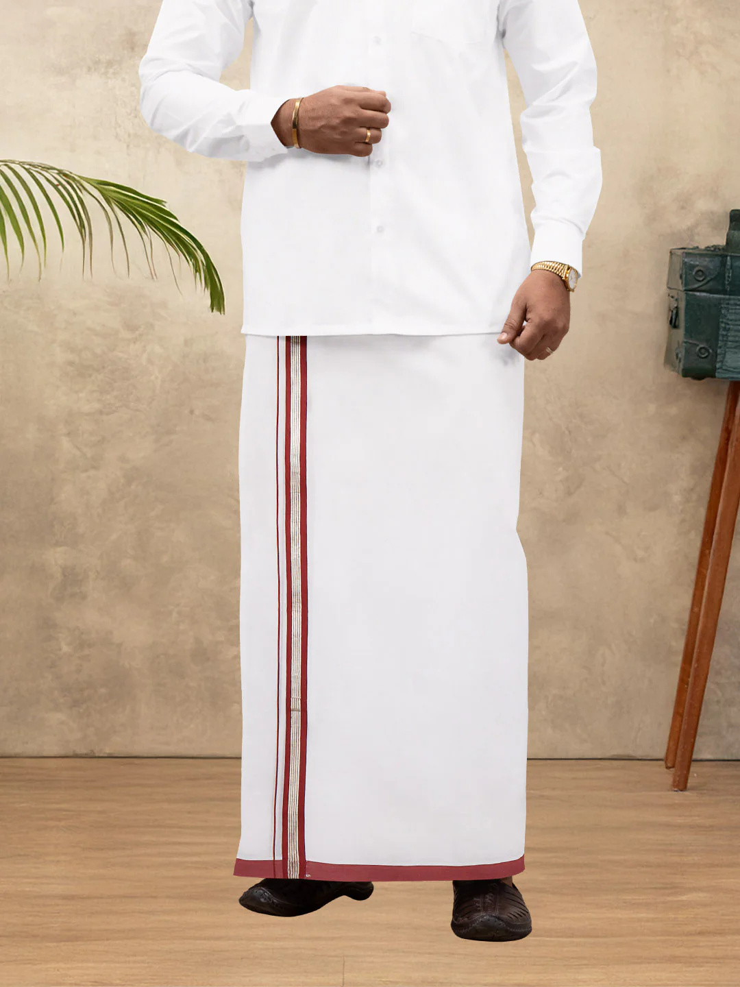 Men 100% Cotton Double Layer White Dhoti with Fancy Jari Border RG04 - Image 5