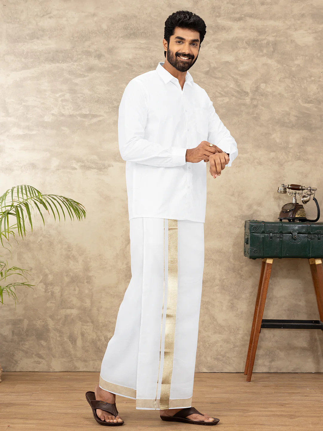 Men 100% Cotton Double Layer White Dhoti with Gold Border - Image 3