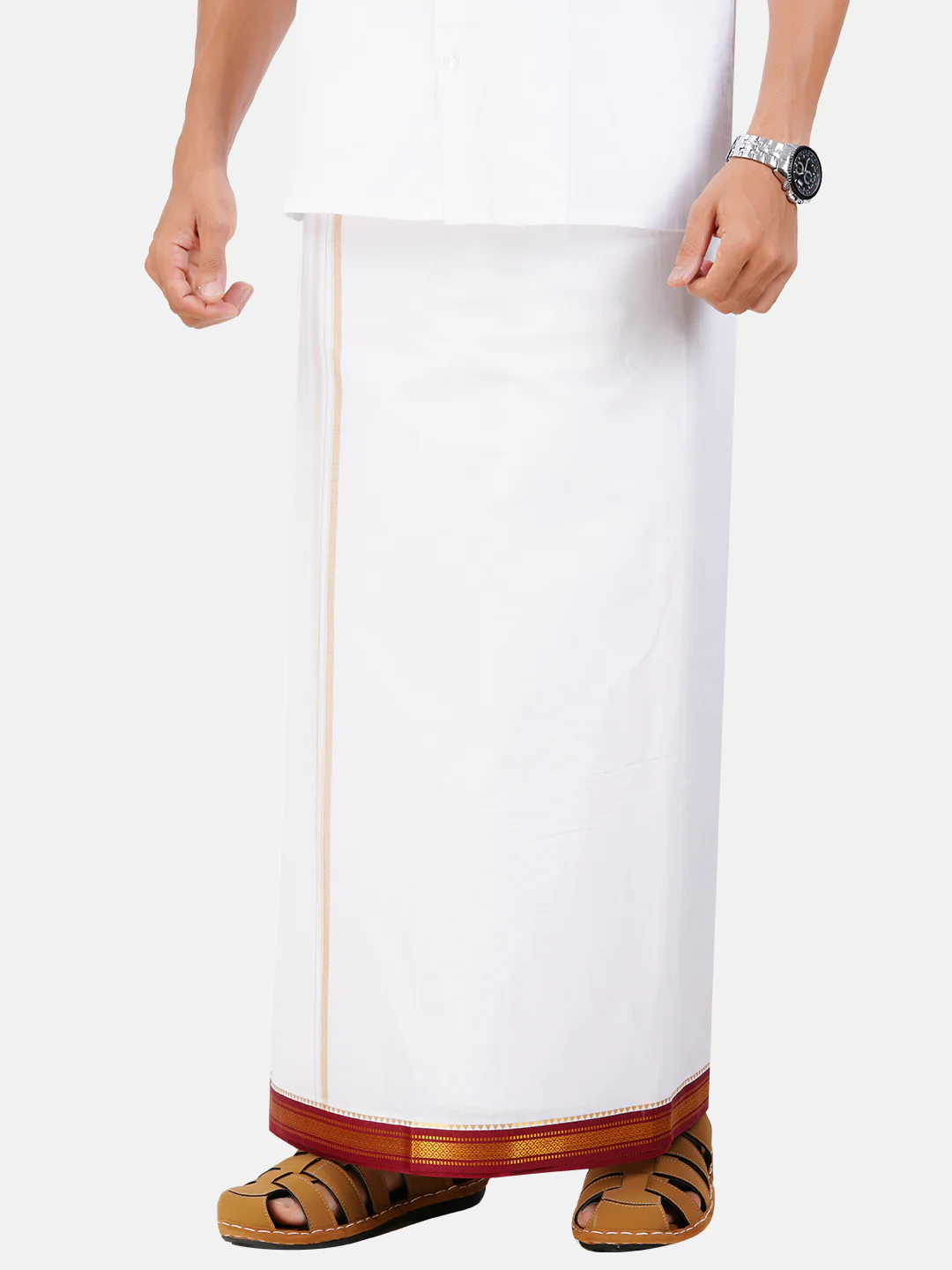 Men 100% Cotton Double Layer White Dhoti with Mayilkhan Border Sudharsan - Image 3