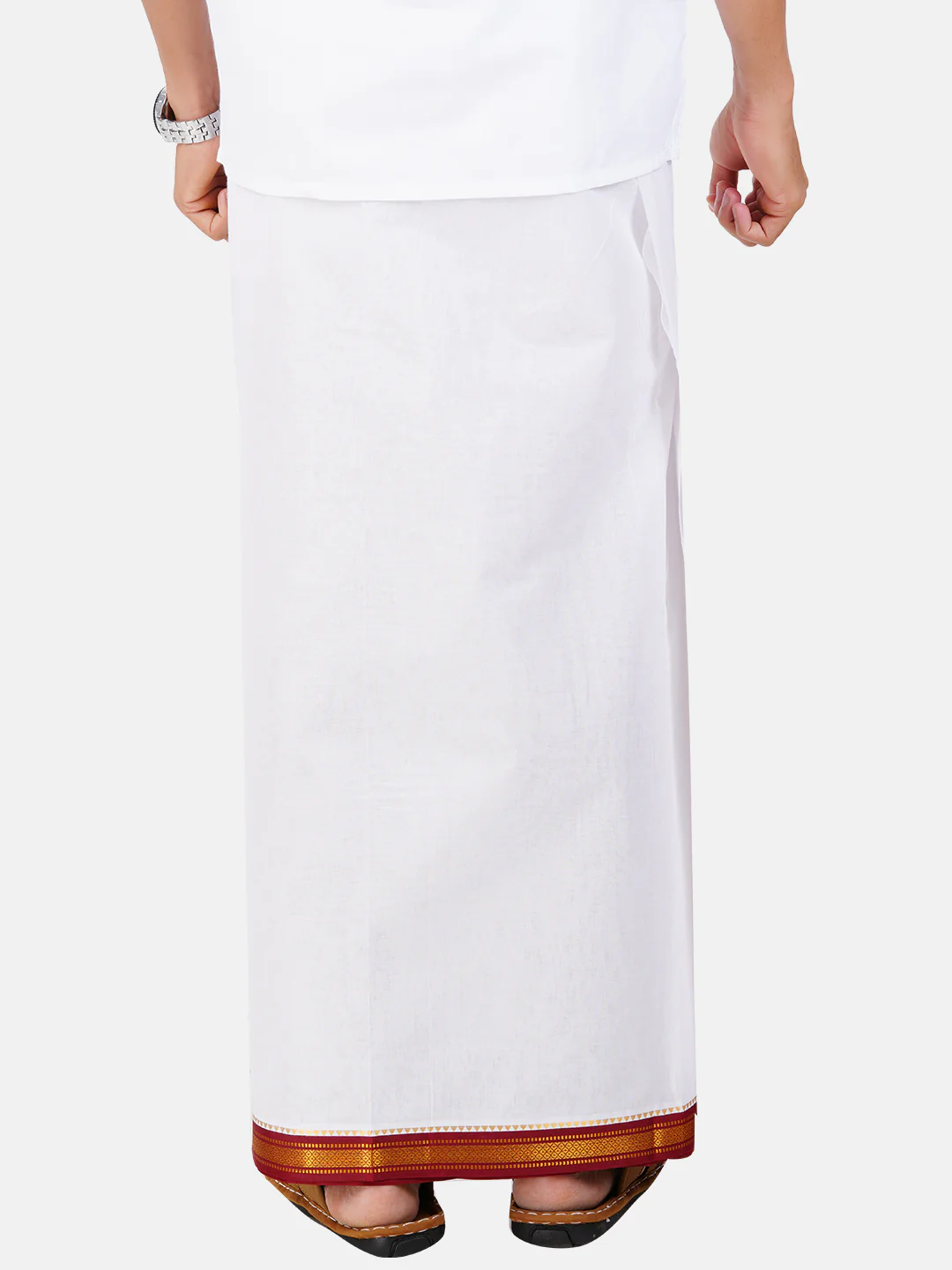 Men 100% Cotton Double Layer White Dhoti with Mayilkhan Border Sudharsan - Image 4