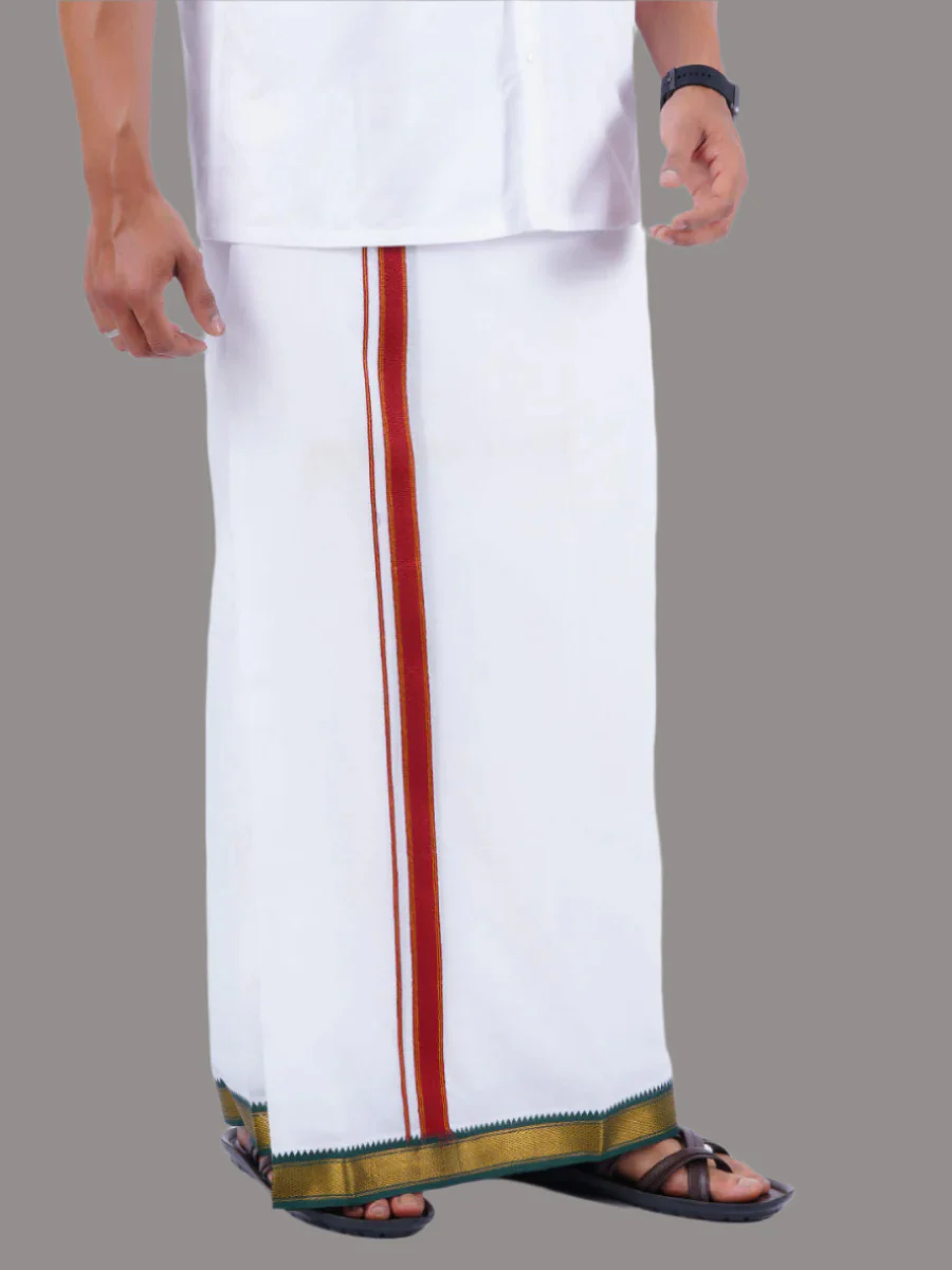 Men 100% Cotton Double Layer White Dhoti with Mayilkhan Border Thavasi