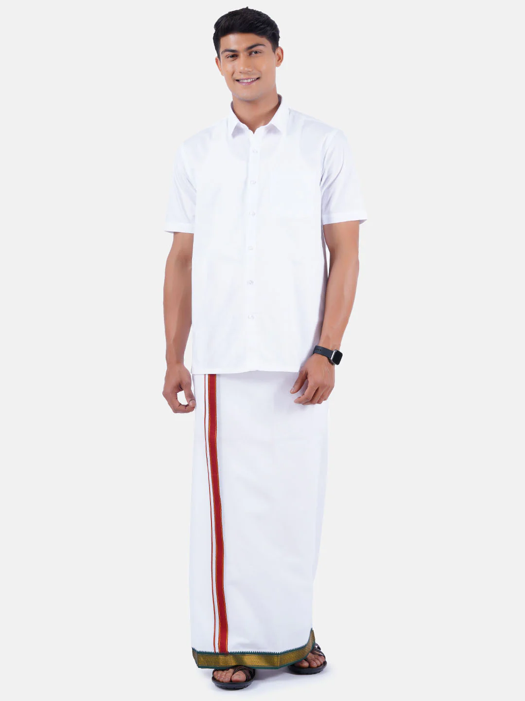 Men 100% Cotton Double Layer White Dhoti with Mayilkhan Border Thavasi - Image 2