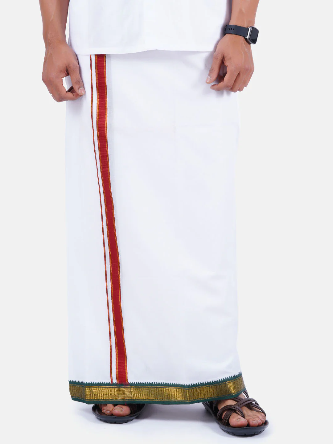 Men 100% Cotton Double Layer White Dhoti with Mayilkhan Border Thavasi - Image 3