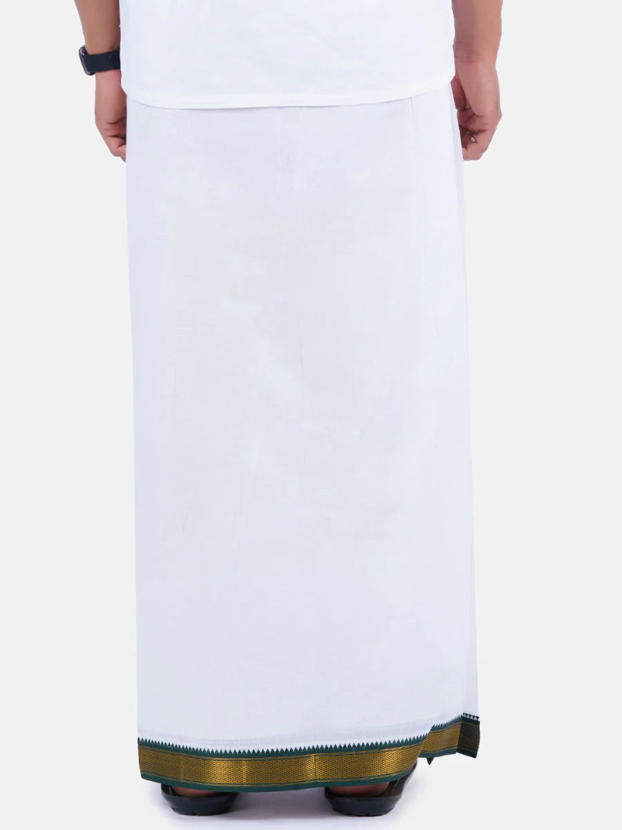 Men 100% Cotton Double Layer White Dhoti with Mayilkhan Border Thavasi - Image 4