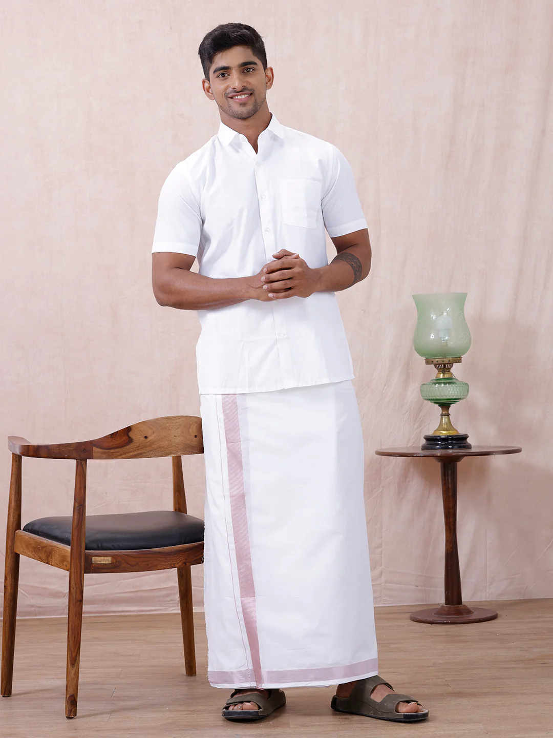 Men 100% Cotton Double Layer White Dhoti with Rose Gold Border - Image 2