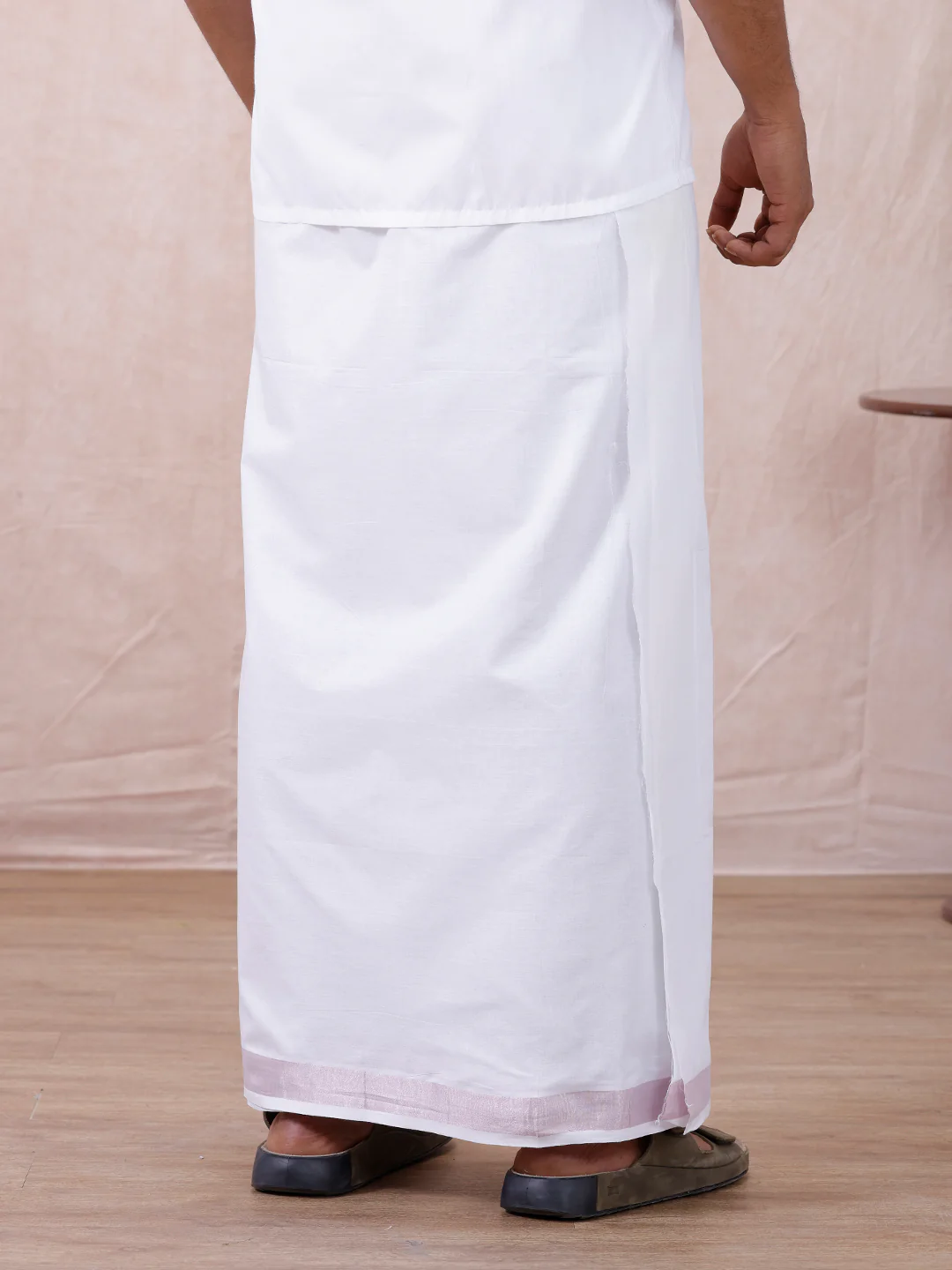 Men 100% Cotton Double Layer White Dhoti with Rose Gold Border - Image 5
