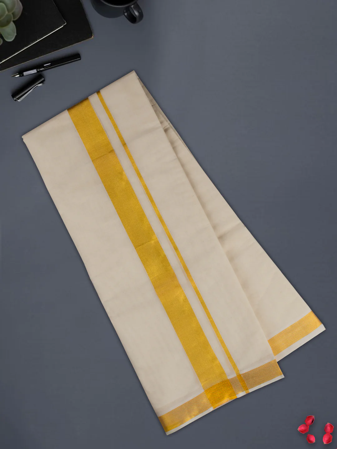 Men 100% Cotton Gold Border Double Dhoti Luxury Club - Image 6