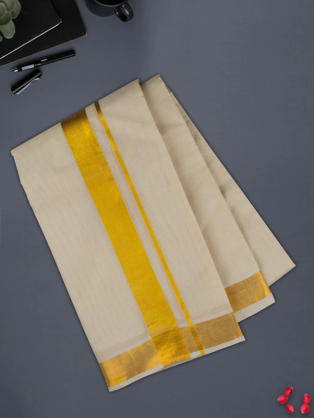 Men 100% Cotton Gold Border Double Dhoti Luxury Club - Image 5