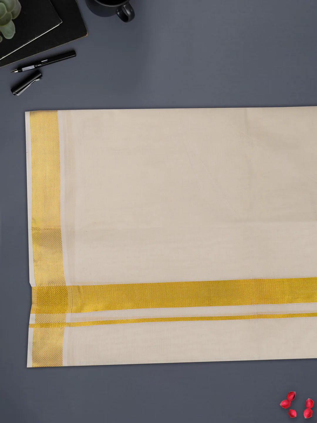 Men 100% Cotton Gold Border Double Dhoti Luxury Club - Image 4