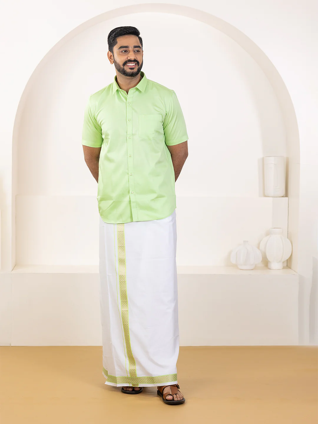 Men 100% Cotton Green Shirt and Fancy Border Dhoti Set BT3 - Image 2
