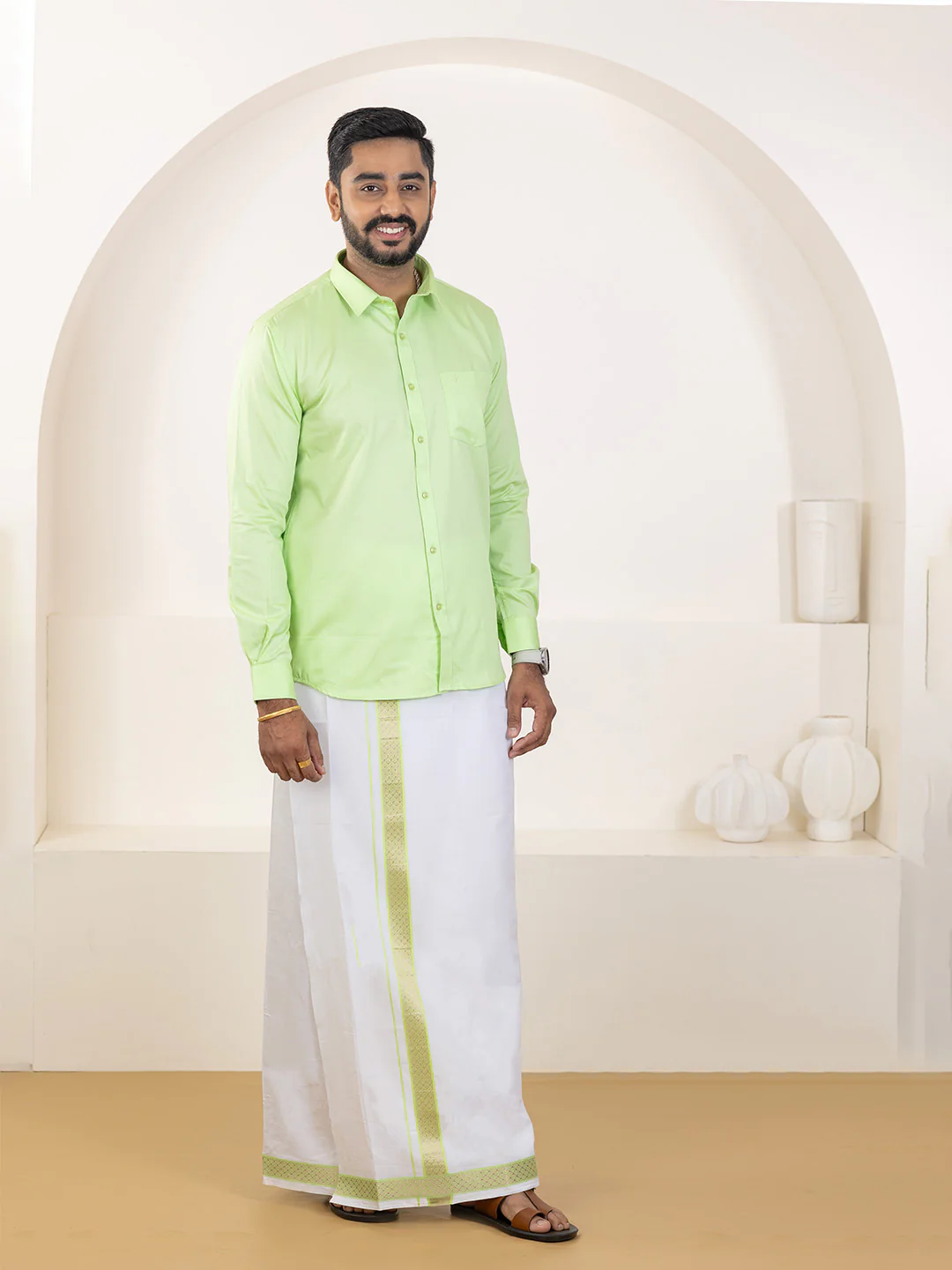 Men 100% Cotton Green Shirt and Fancy Border Dhoti Set BT3 - Image 3