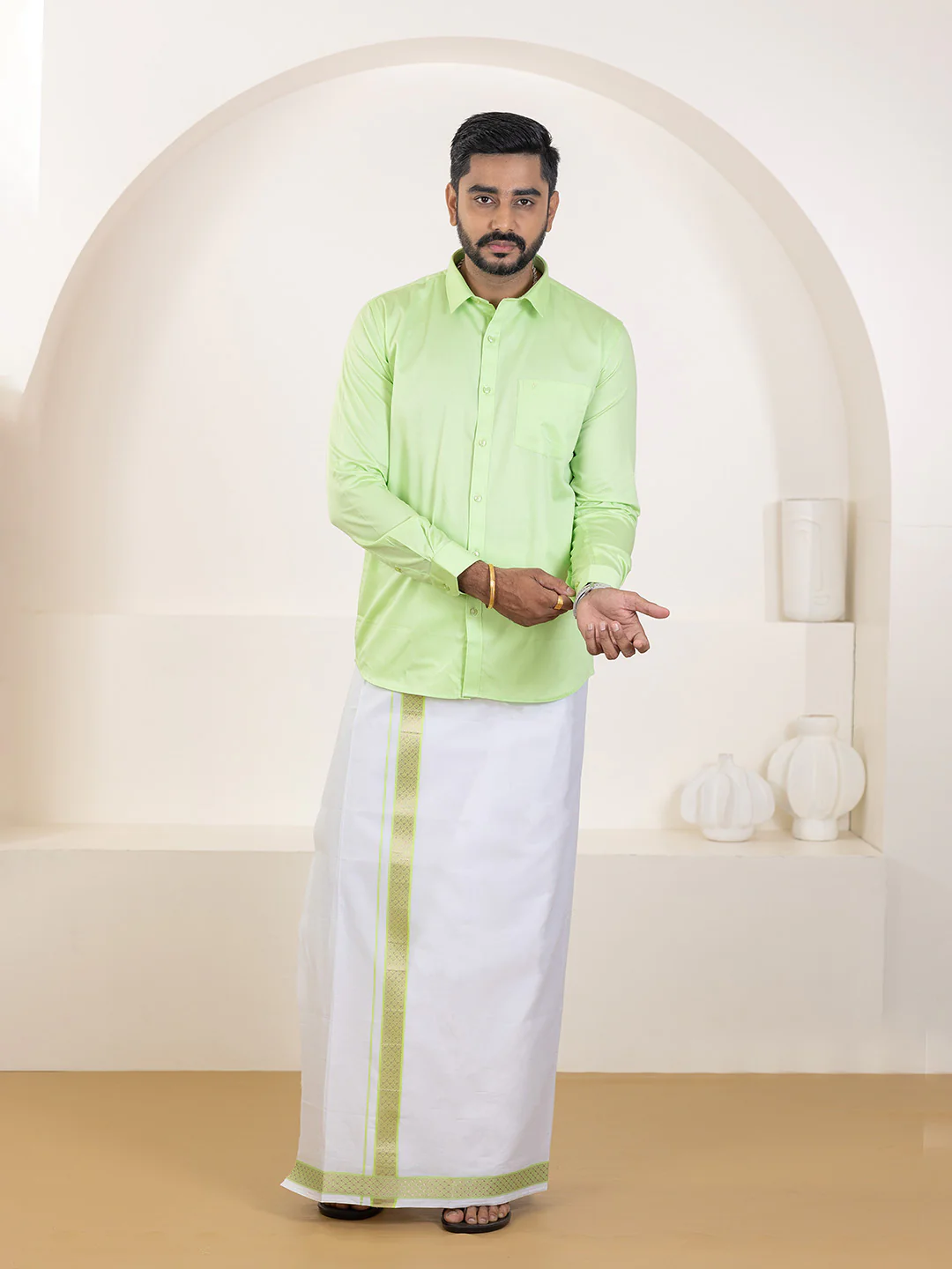 Men 100% Cotton Green Shirt and Fancy Border Dhoti Set BT3 - Image 4