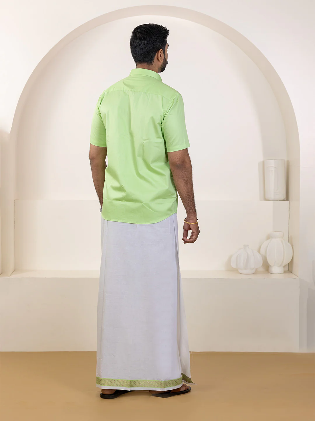 Men 100% Cotton Green Shirt and Fancy Border Dhoti Set BT3 - Image 5