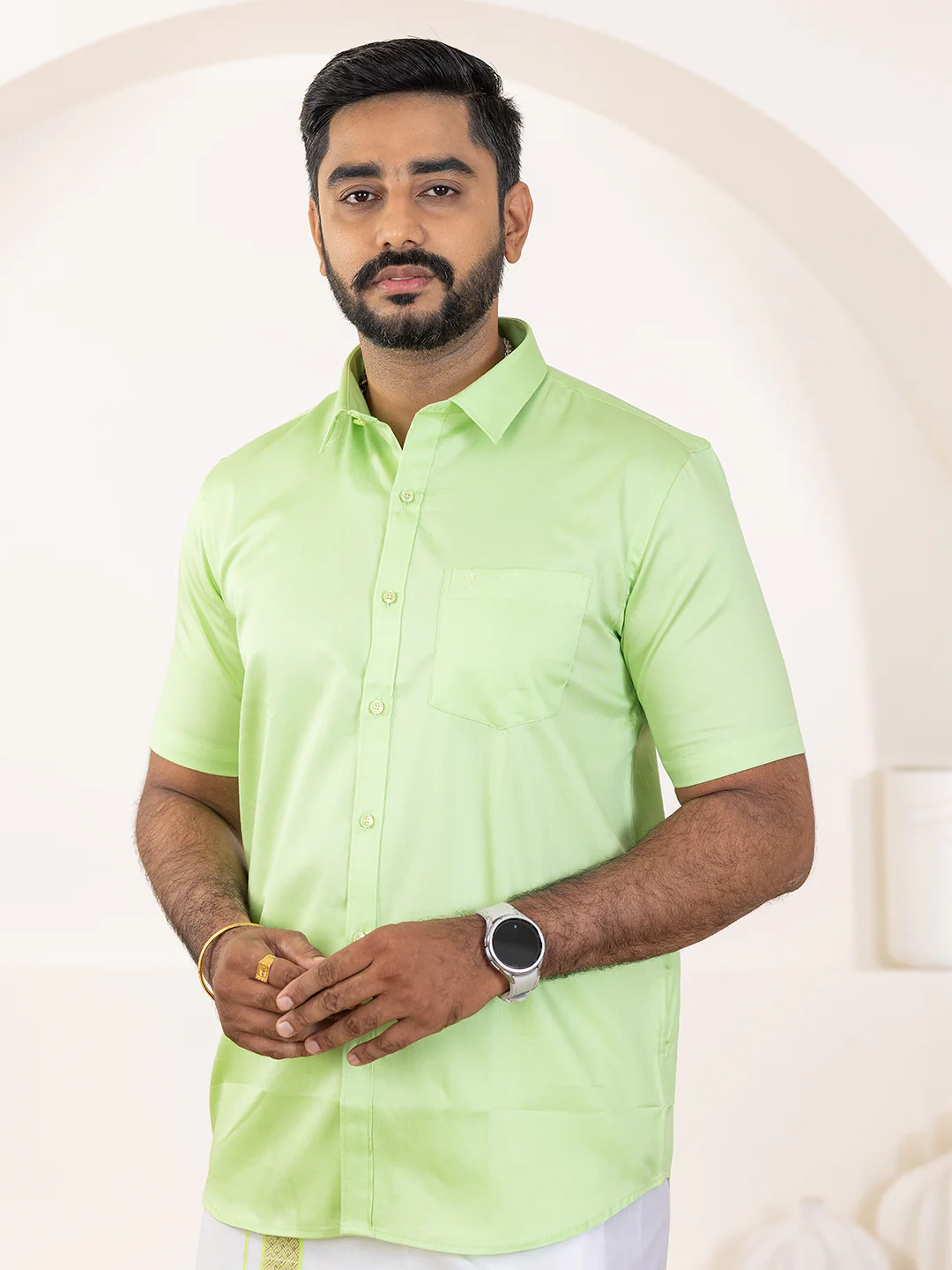 Men 100% Cotton Green Shirt and Fancy Border Dhoti Set BT3 - Image 6