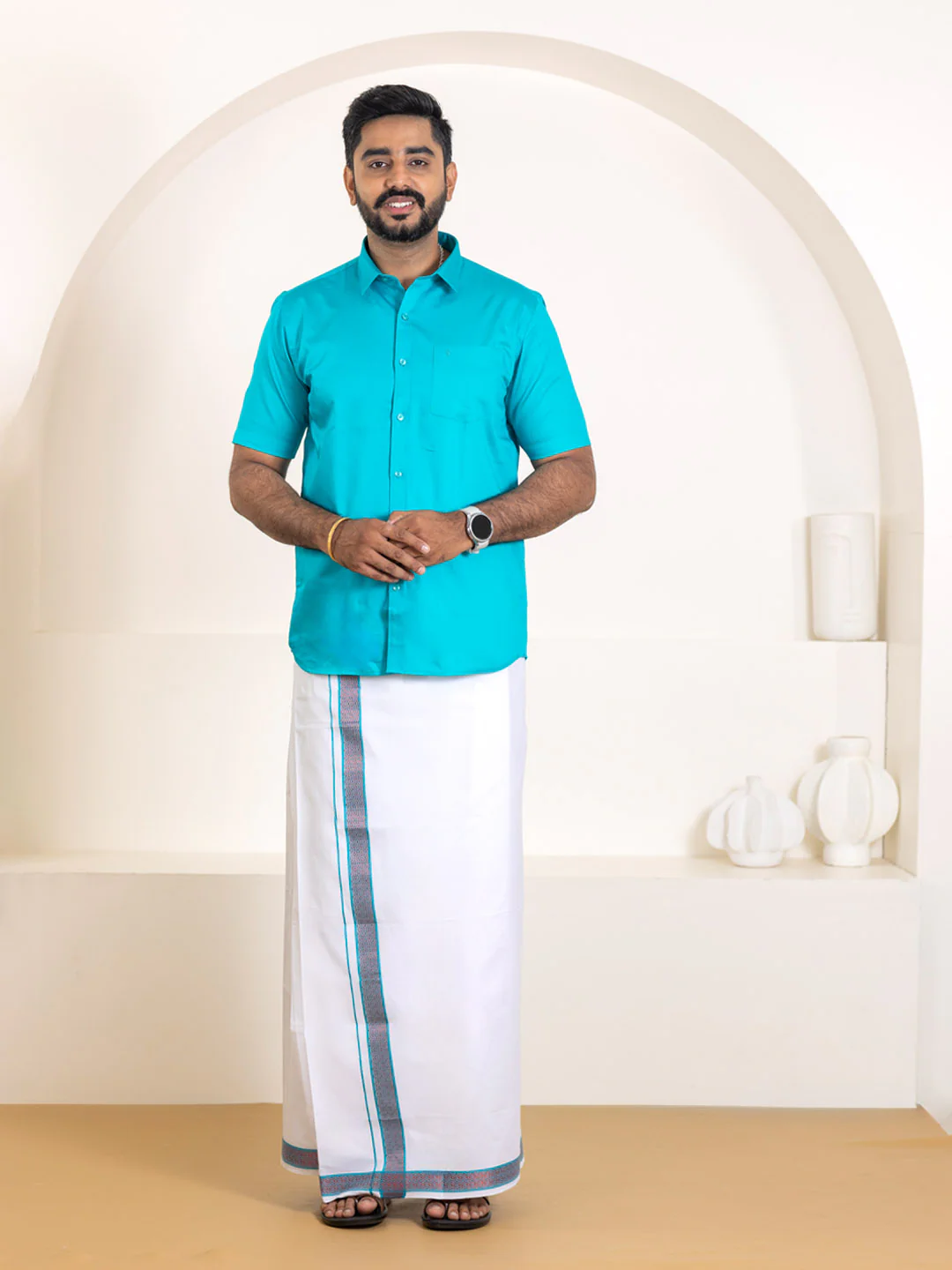 Men 100% Cotton Jungle Green Shirt and Fancy Border Dhoti Set BT11 - Image 2