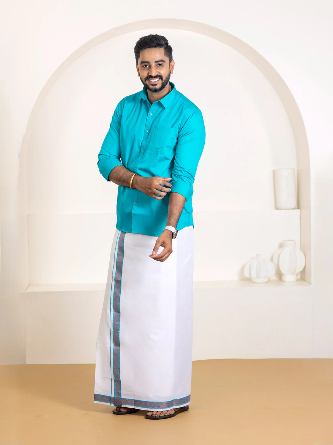Men 100% Cotton Jungle Green Shirt and Fancy Border Dhoti Set BT11 - Image 3