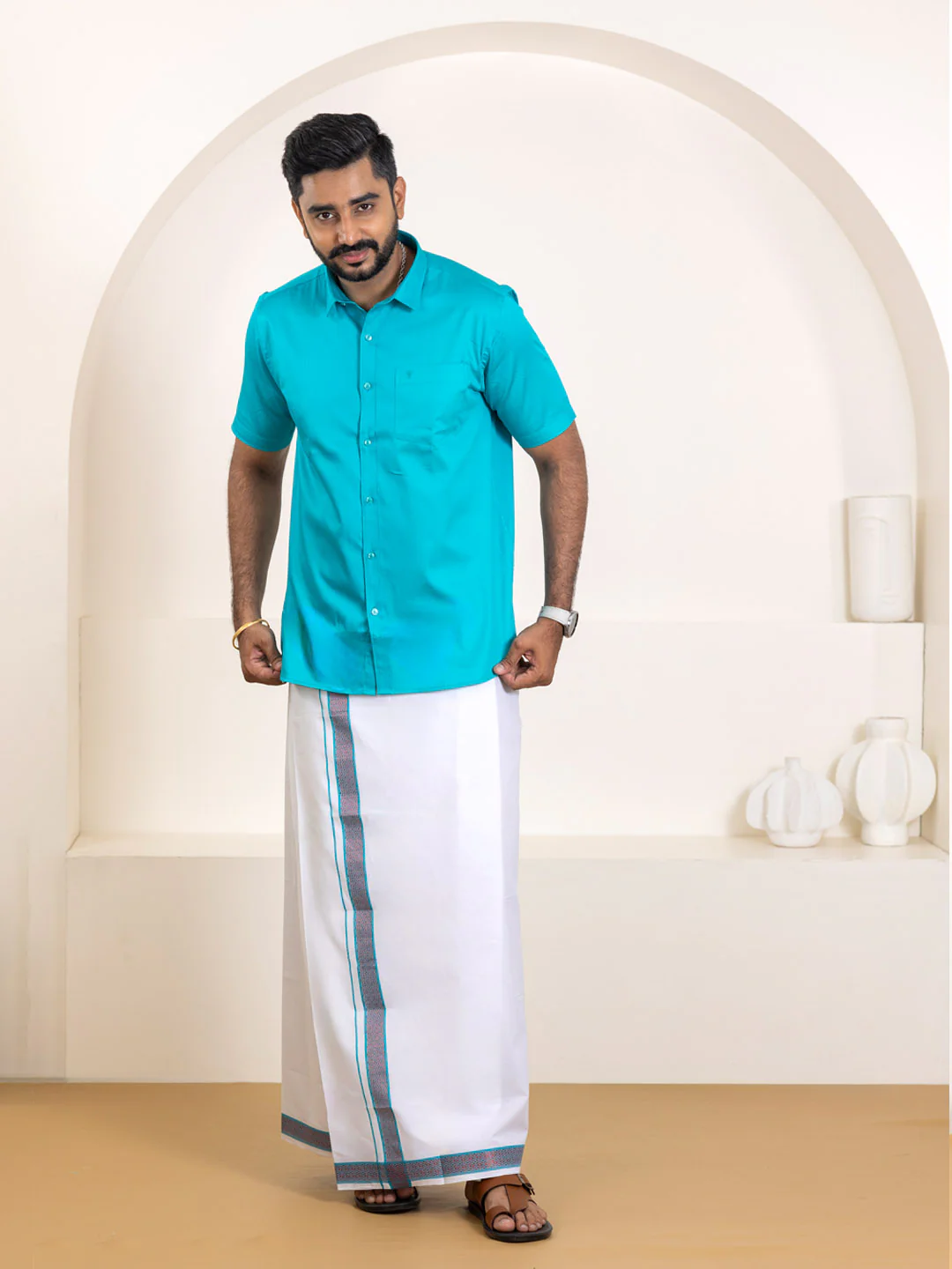 Men 100% Cotton Jungle Green Shirt and Fancy Border Dhoti Set BT11 - Image 4