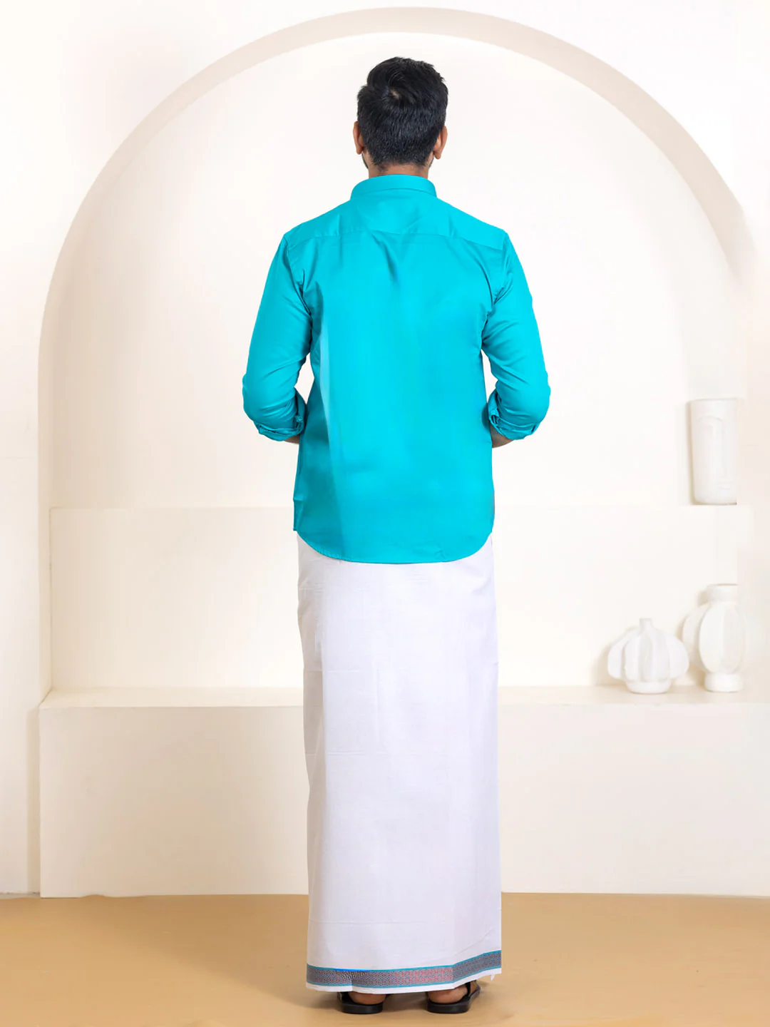Men 100% Cotton Jungle Green Shirt and Fancy Border Dhoti Set BT11 - Image 5