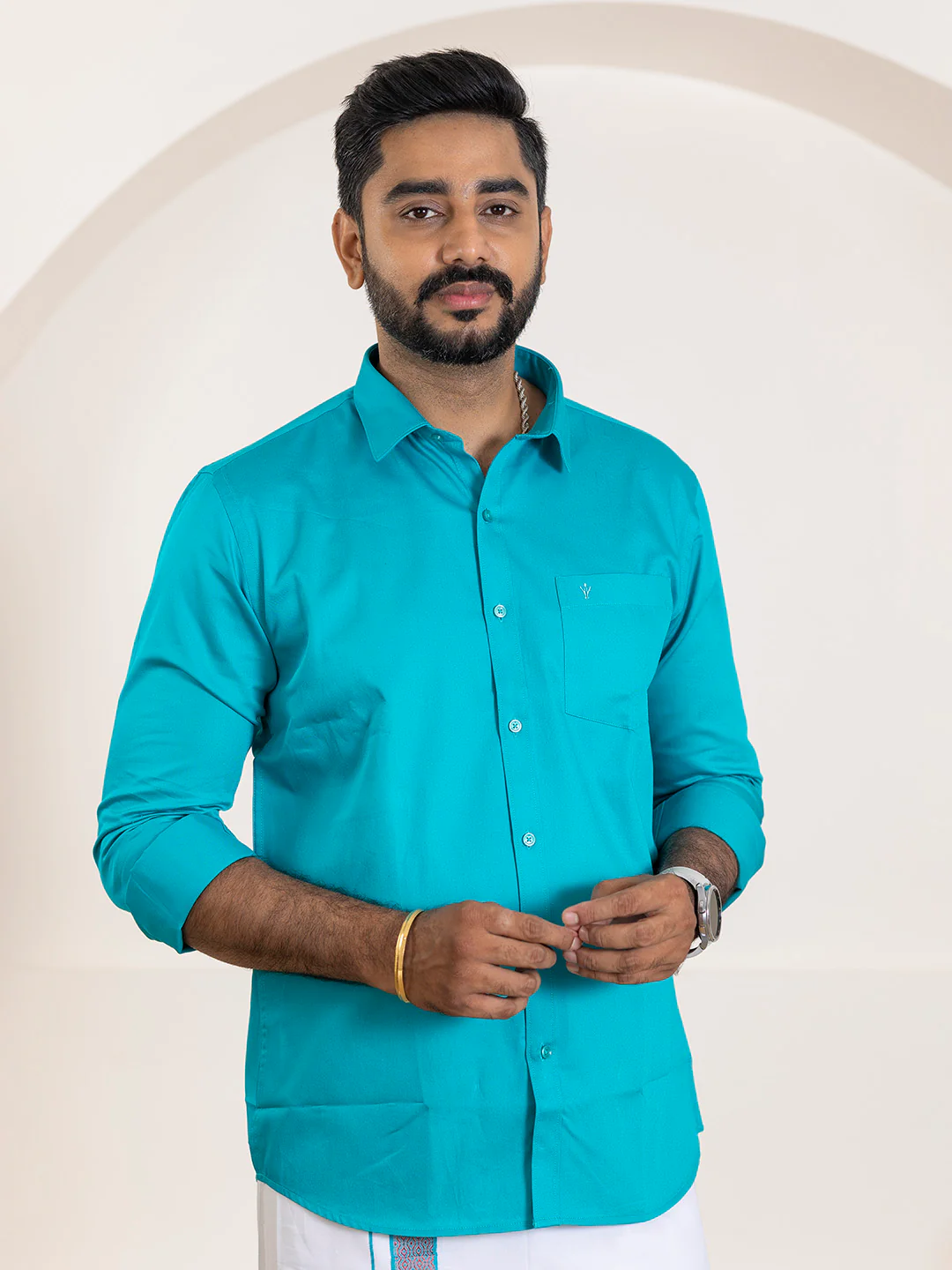 Men 100% Cotton Jungle Green Shirt and Fancy Border Dhoti Set BT11 - Image 6