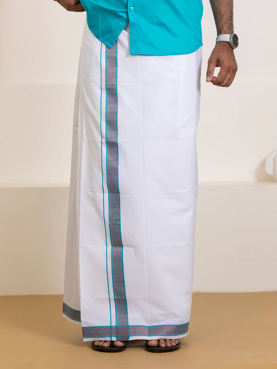 Men 100% Cotton Jungle Green Shirt and Fancy Border Dhoti Set BT11 - Image 7