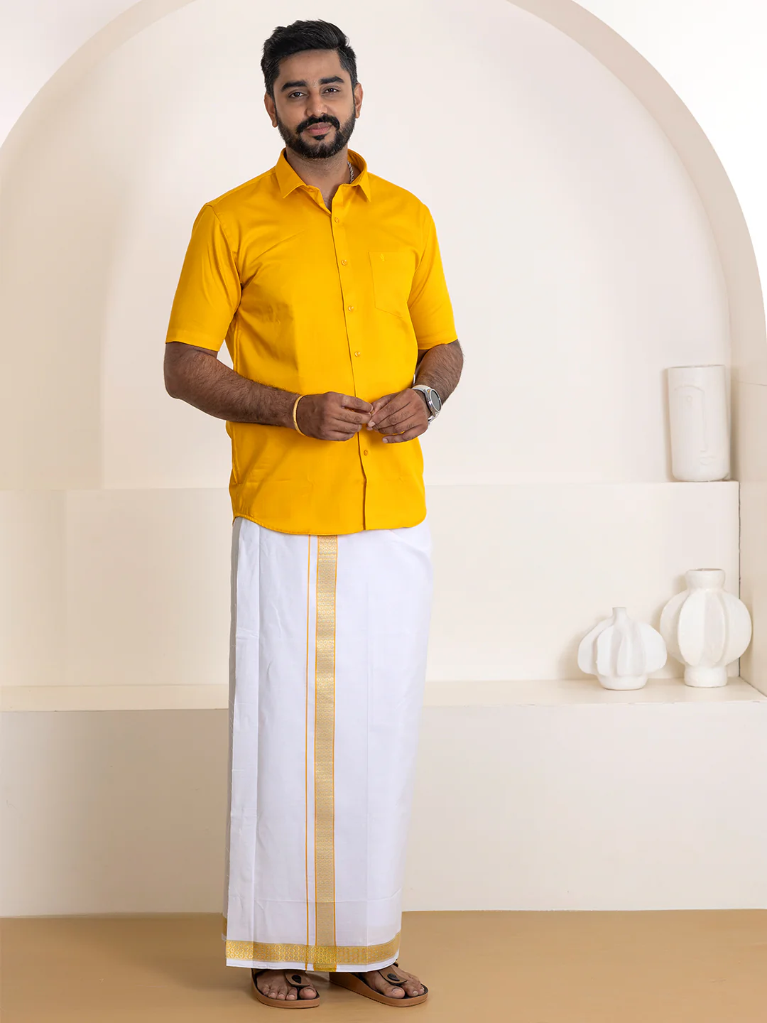Men 100% Cotton Orange Shirt and Fancy Border Dhoti Set BT4 - Image 2