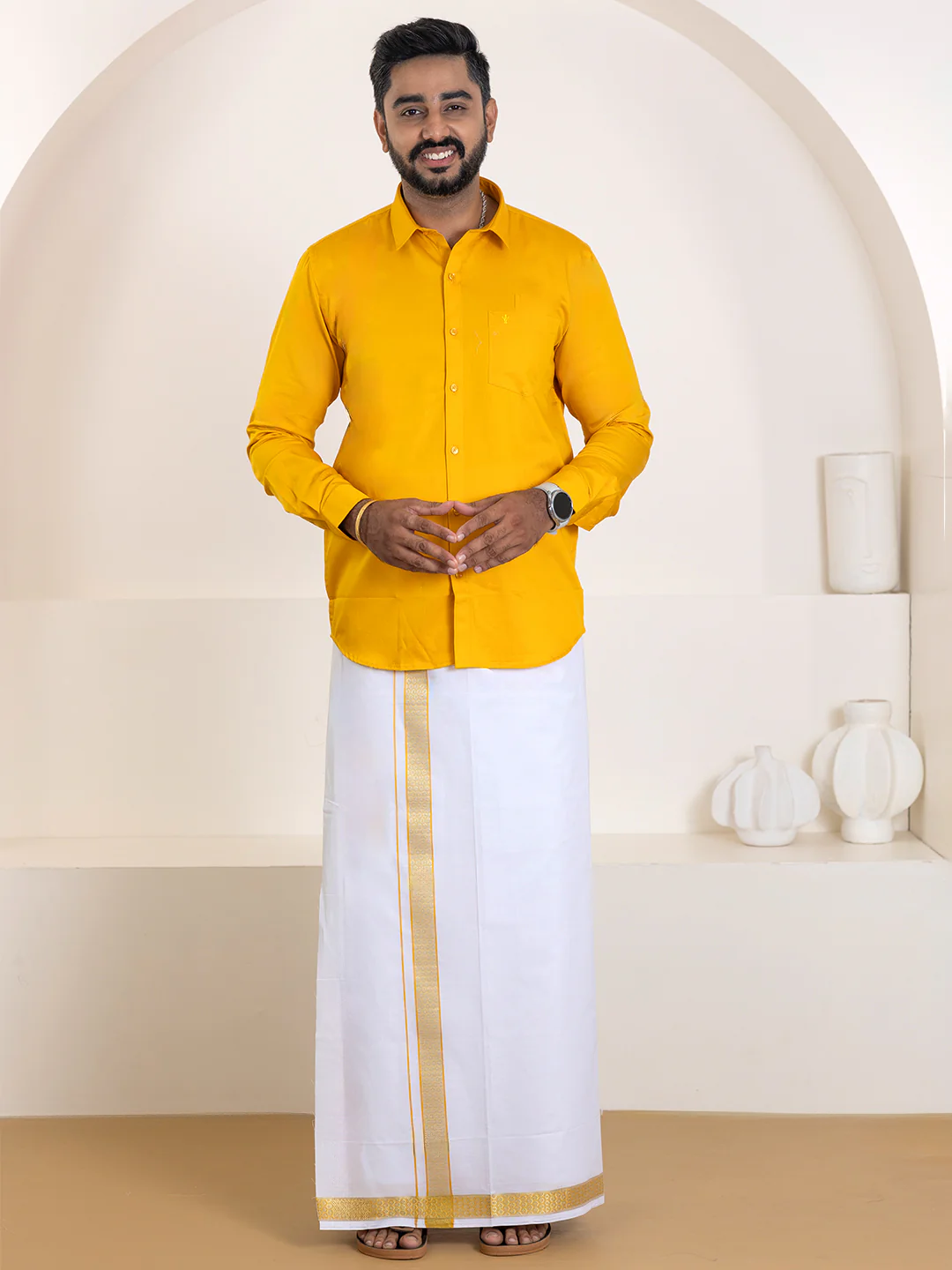 Men 100% Cotton Orange Shirt and Fancy Border Dhoti Set BT4 - Image 3