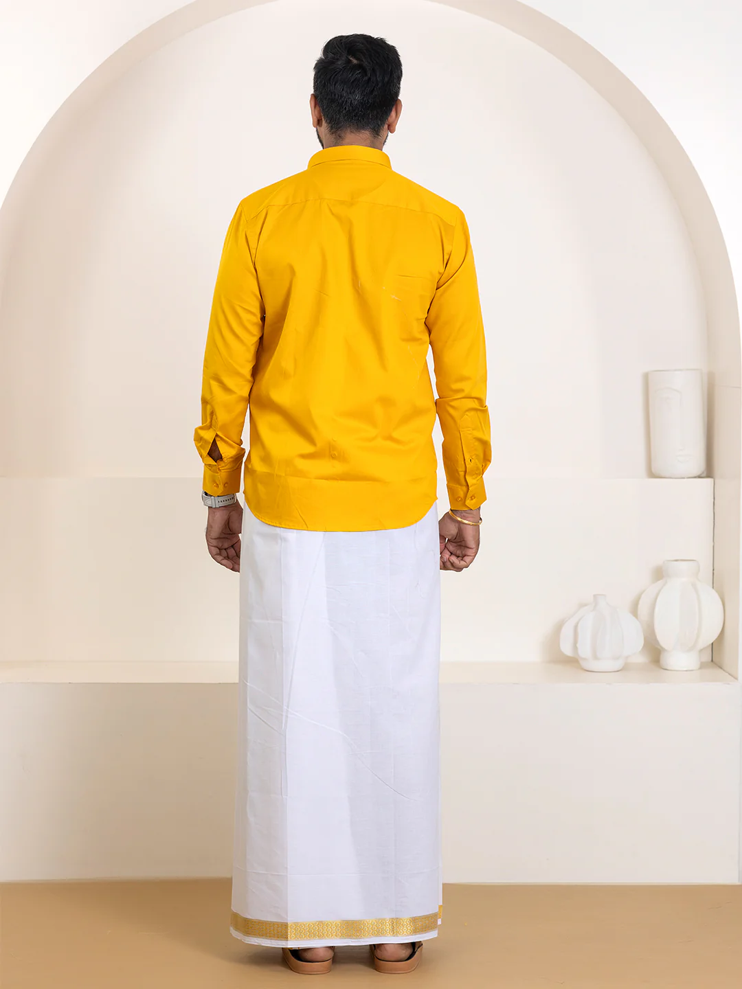 Men 100% Cotton Orange Shirt and Fancy Border Dhoti Set BT4 - Image 4