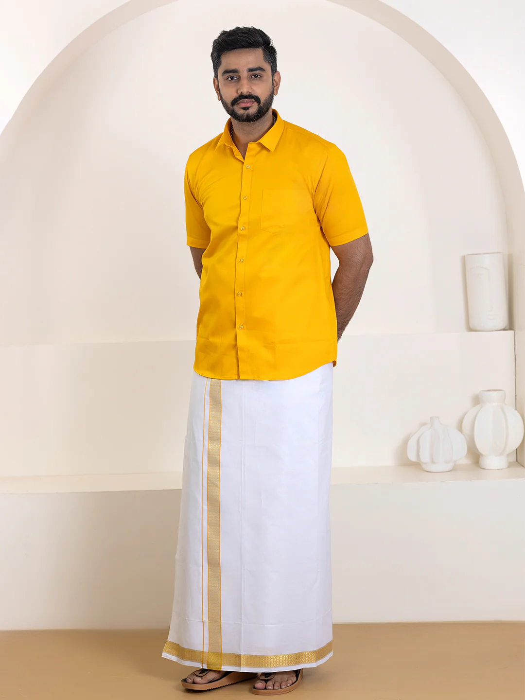 Men 100% Cotton Orange Shirt and Fancy Border Dhoti Set BT4 - Image 5