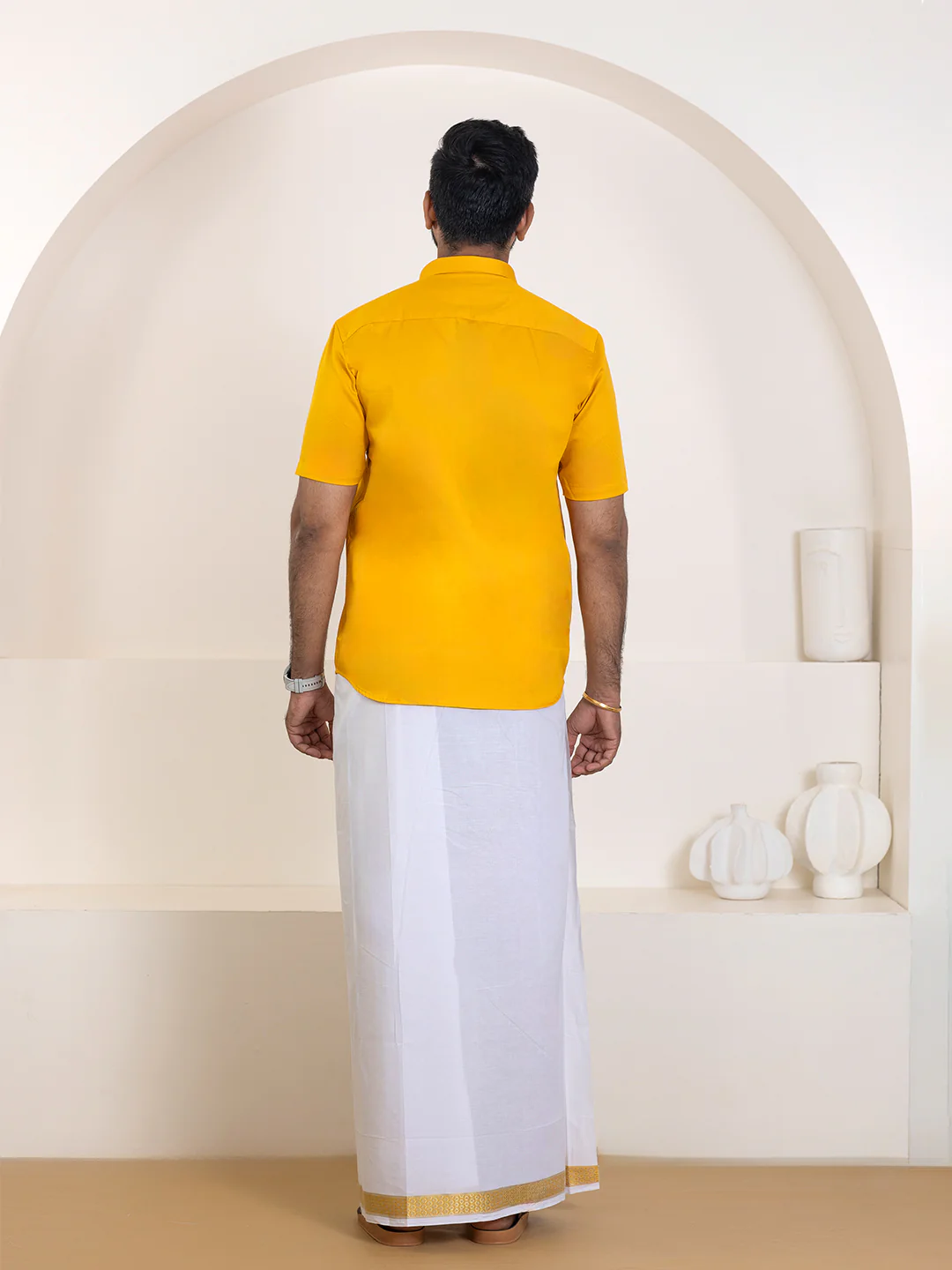 Men 100% Cotton Orange Shirt and Fancy Border Dhoti Set BT4 - Image 6