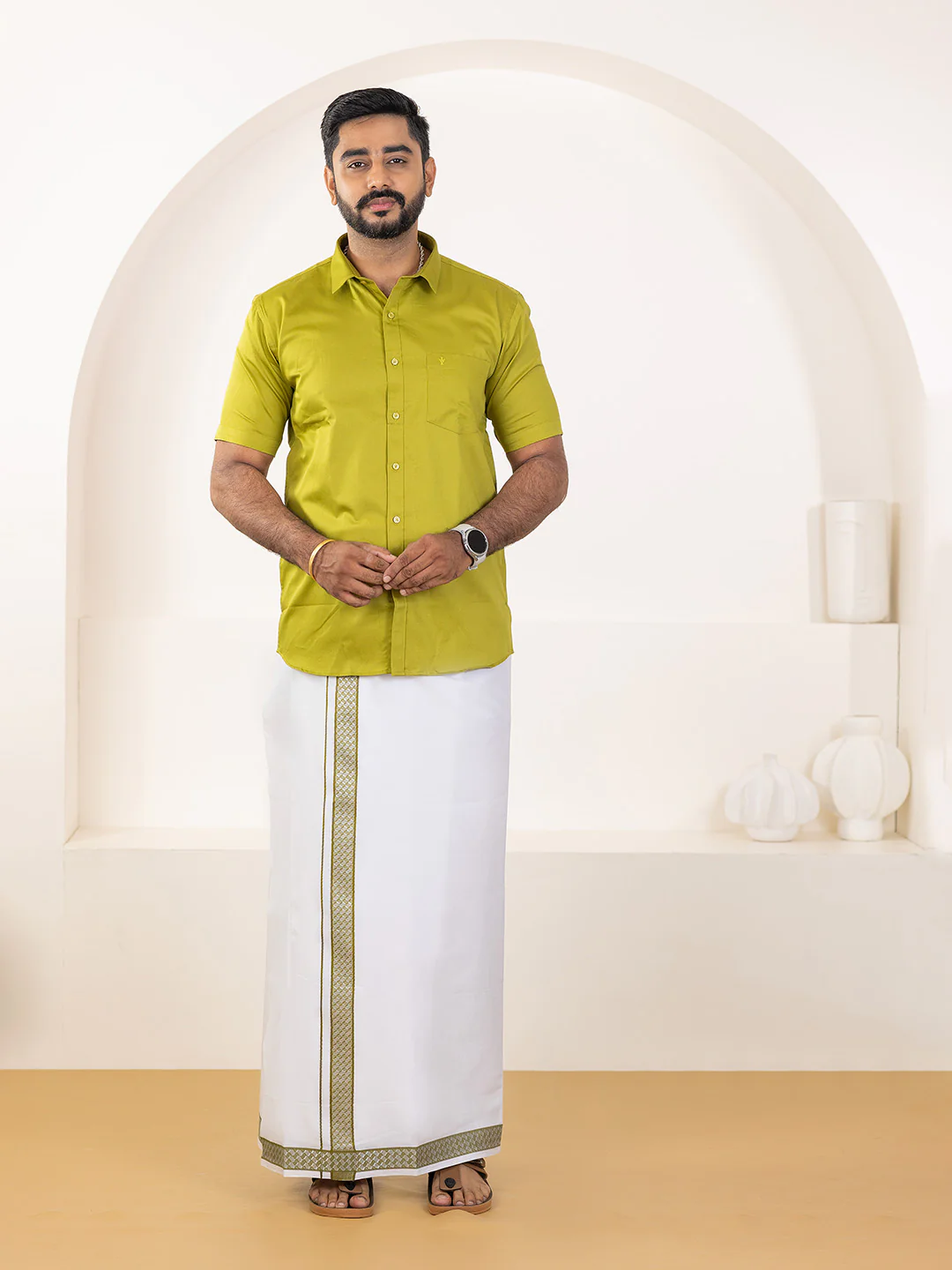 Men 100% Cotton Pesto Shirt and Fancy Border Dhoti Set BT9 - Image 2