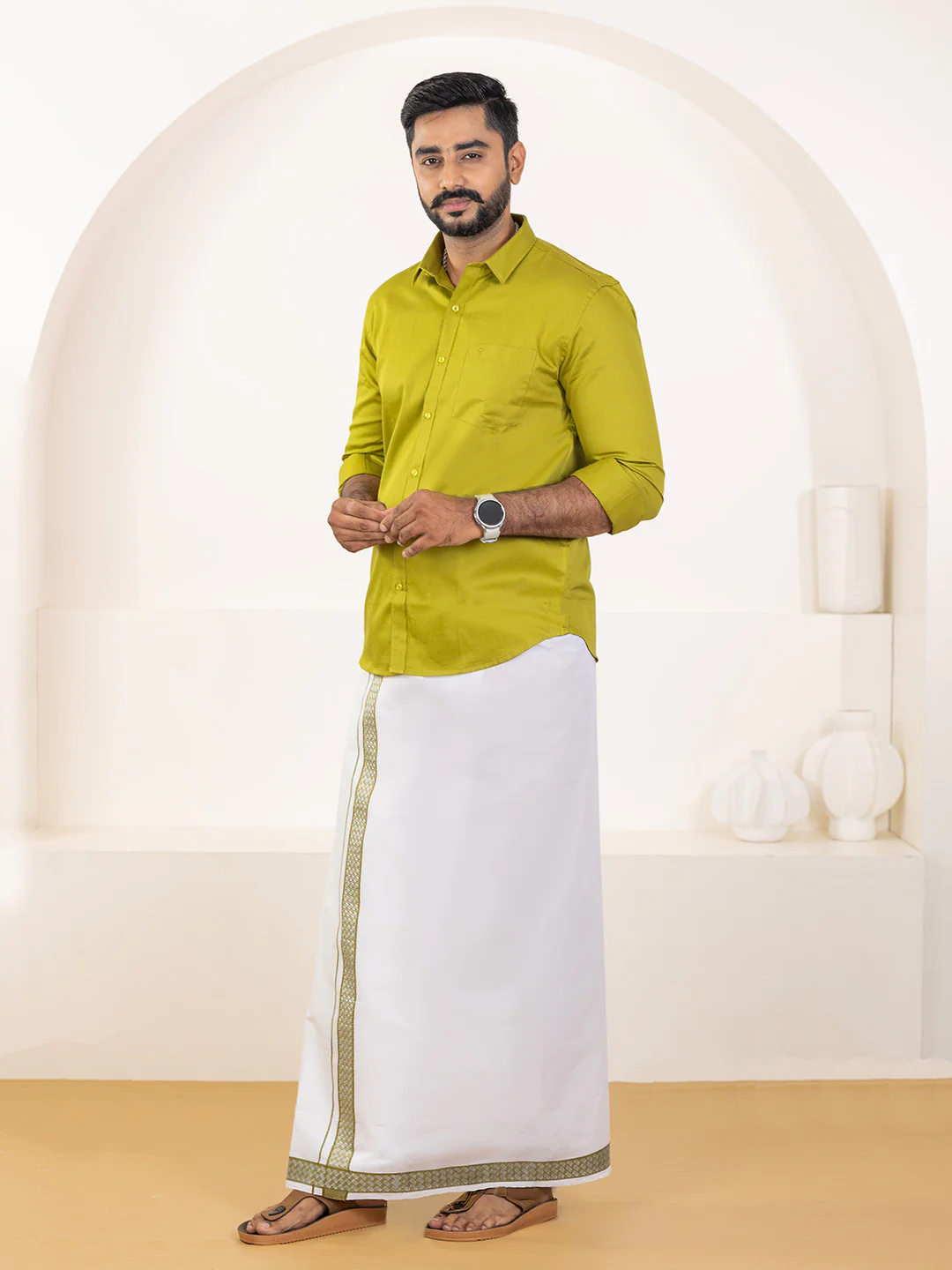 Men 100% Cotton Pesto Shirt and Fancy Border Dhoti Set BT9 - Image 3