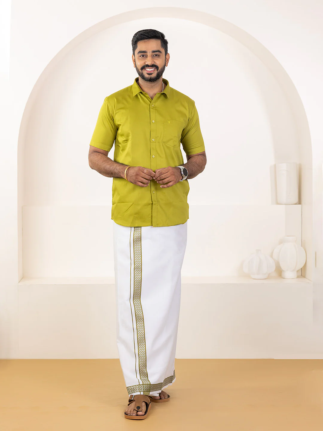 Men 100% Cotton Pesto Shirt and Fancy Border Dhoti Set BT9 - Image 4