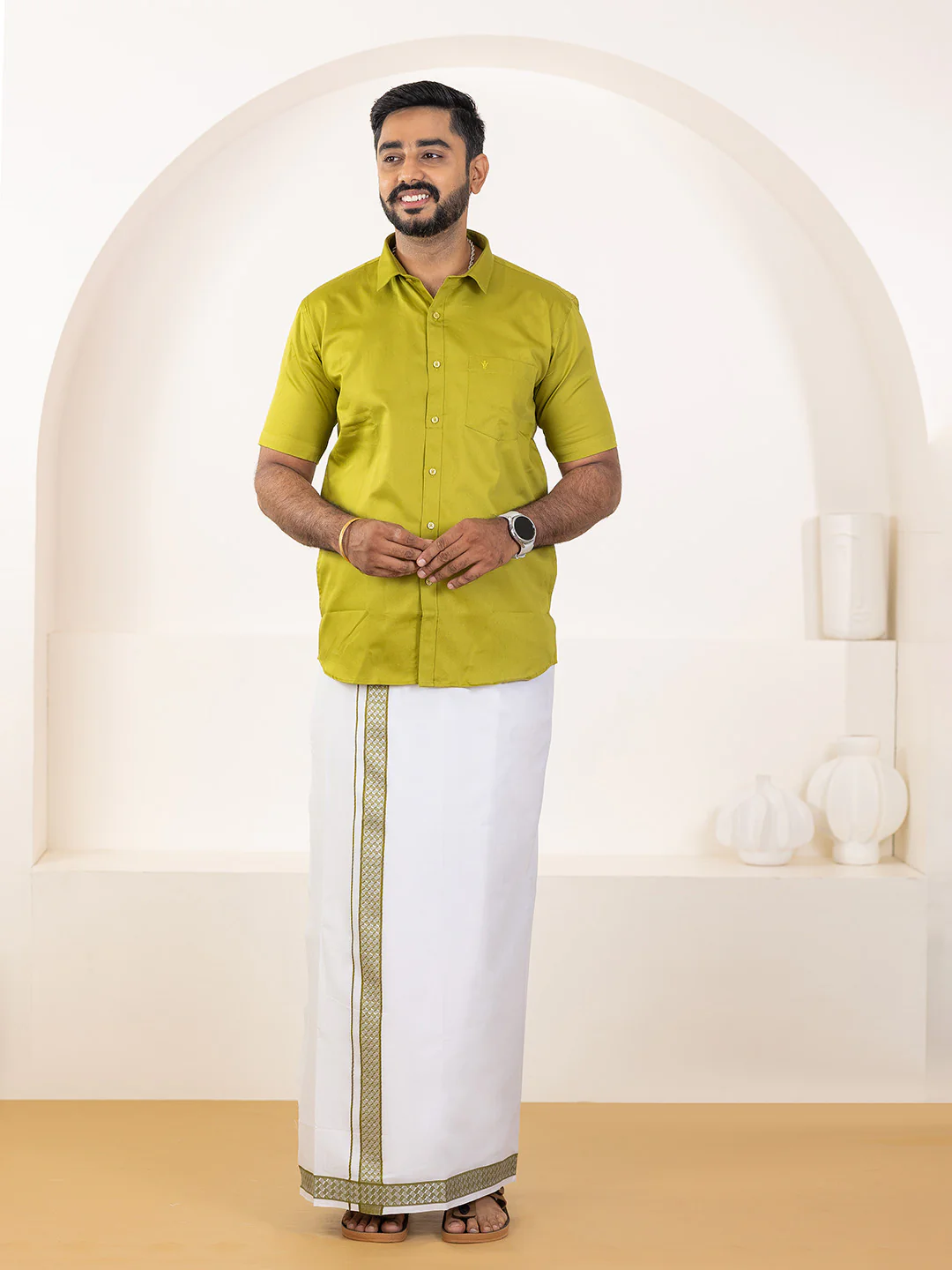 Men 100% Cotton Pesto Shirt and Fancy Border Dhoti Set BT9 - Image 5
