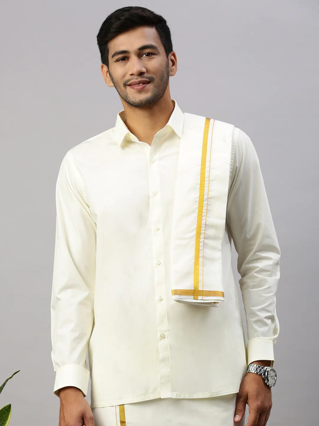 Men 100% Cotton Readymade Double Layer Cream Dhoti & Towel Set with Jari Border - Image 4