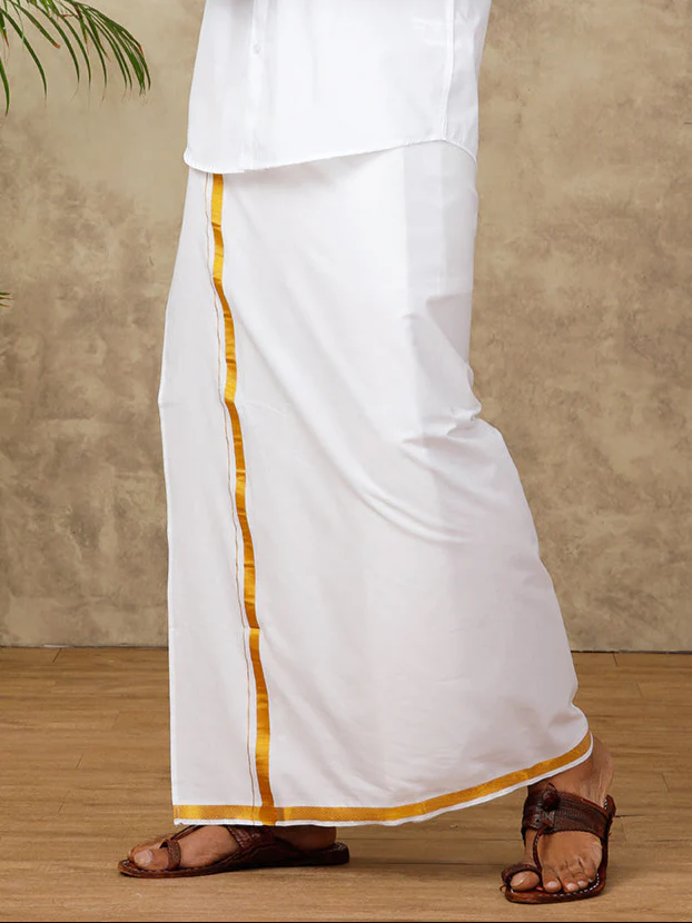 Men 100% Cotton Readymade Single Layer White Dhoti with Gold Jari Border 248 - Image 3