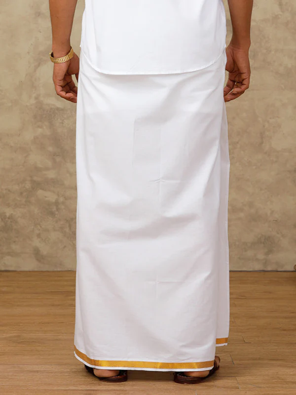 Men 100% Cotton Readymade Single Layer White Dhoti with Gold Jari Border 248 - Image 4