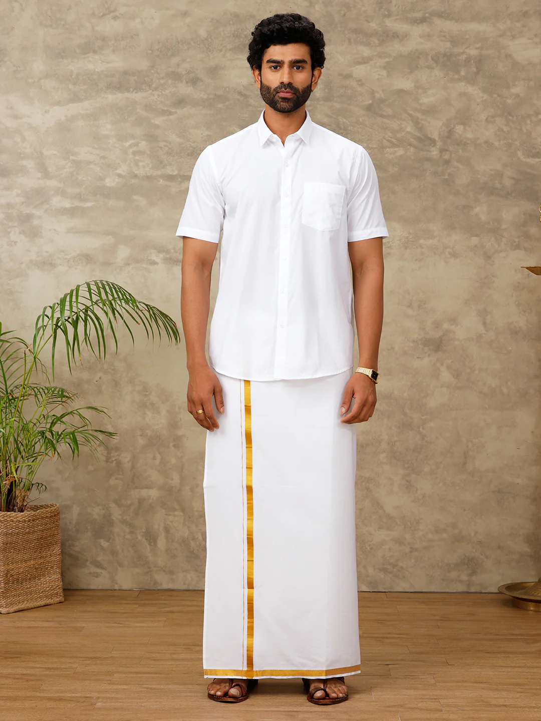 Men 100% Cotton Readymade Single Layer White Dhoti with Gold Jari Border 248 - Image 5
