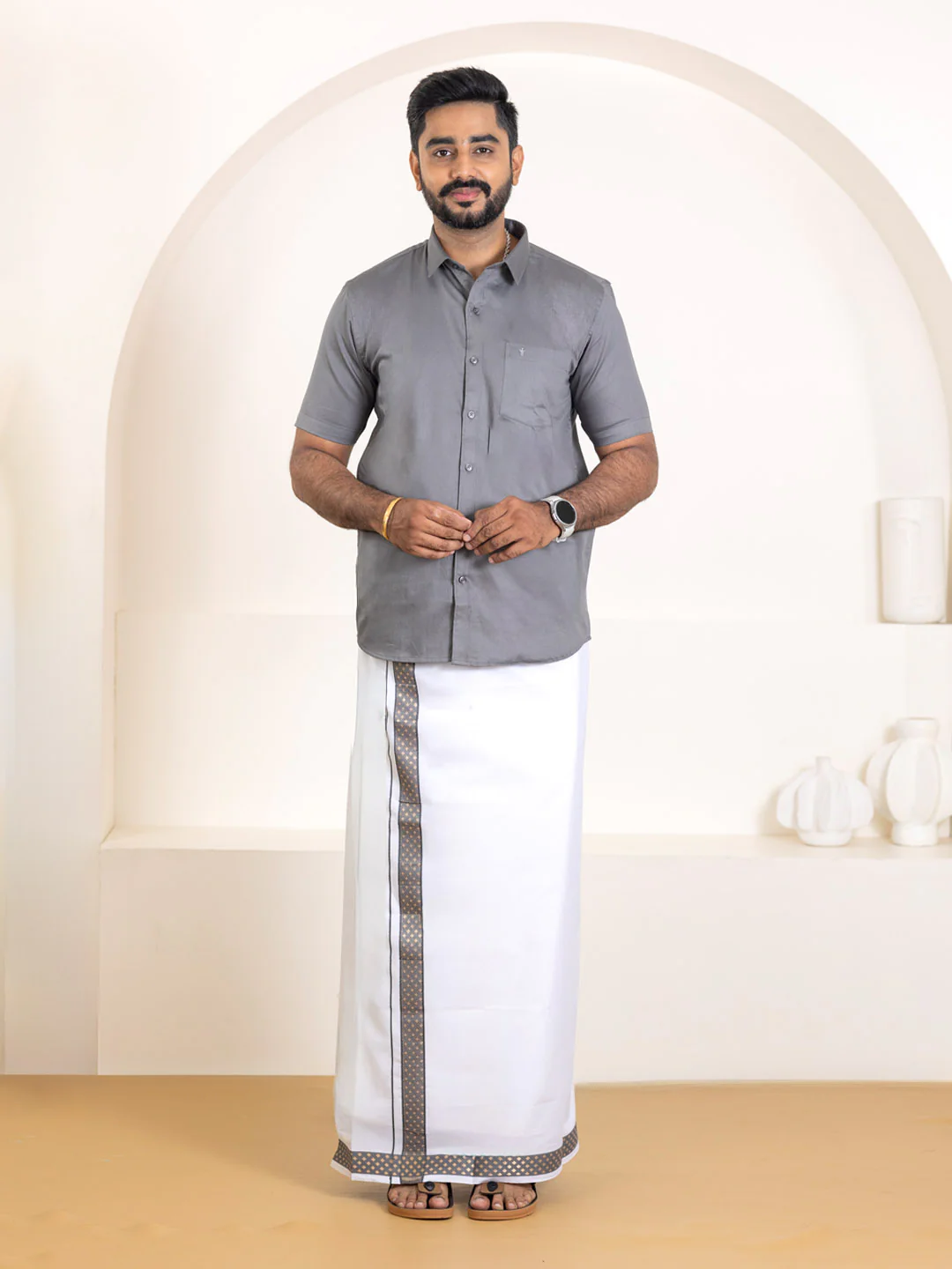 Men 100% Cotton Shuttle Grey Shirt and Fancy Border Dhoti Set BT6 - Image 2