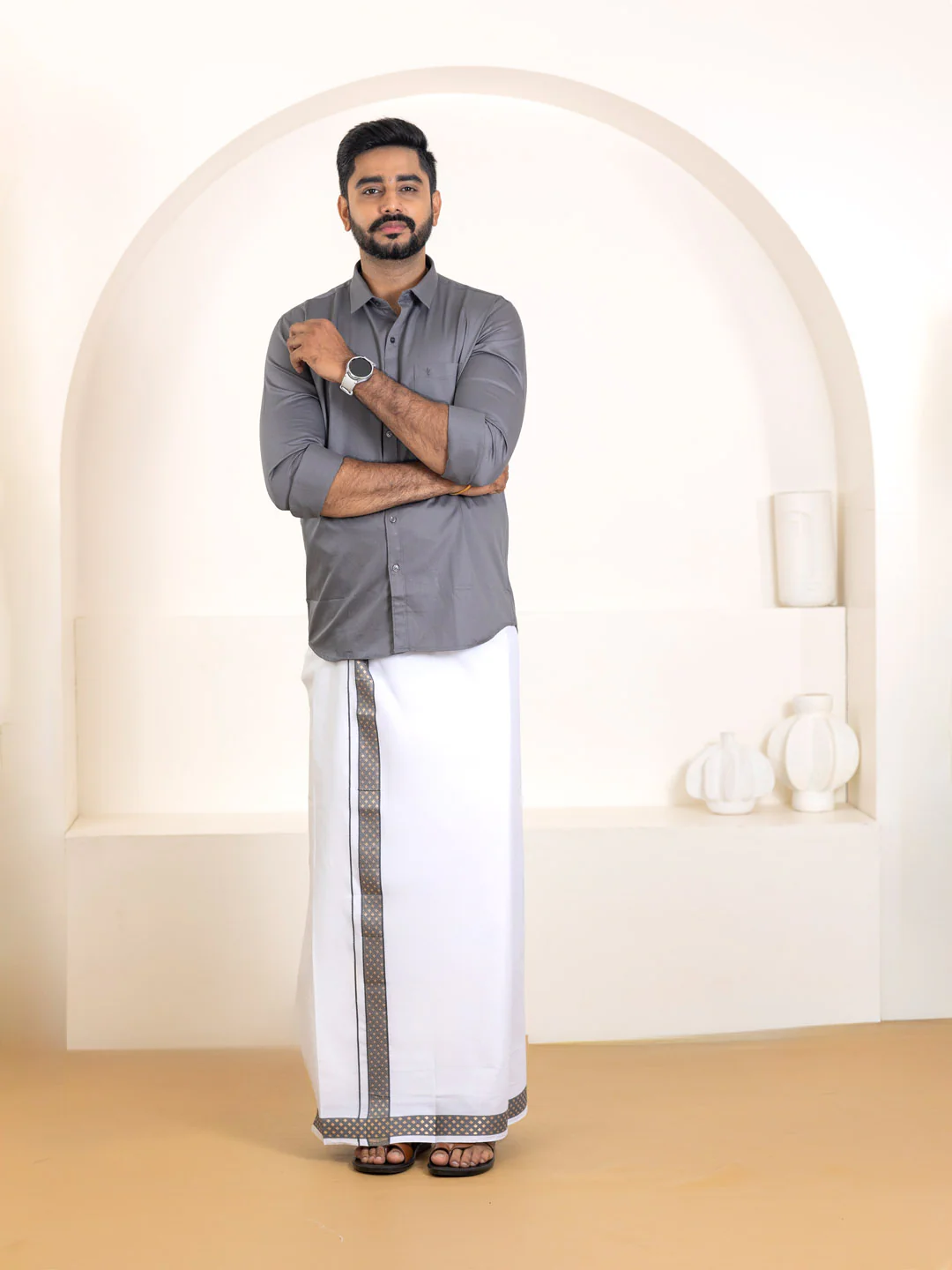 Men 100% Cotton Shuttle Grey Shirt and Fancy Border Dhoti Set BT6 - Image 3