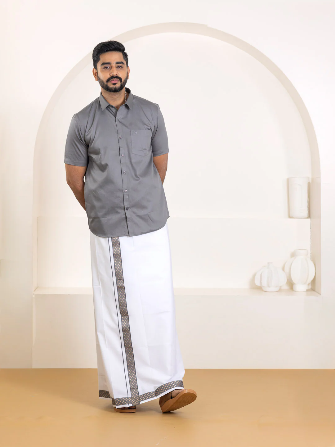 Men 100% Cotton Shuttle Grey Shirt and Fancy Border Dhoti Set BT6 - Image 4