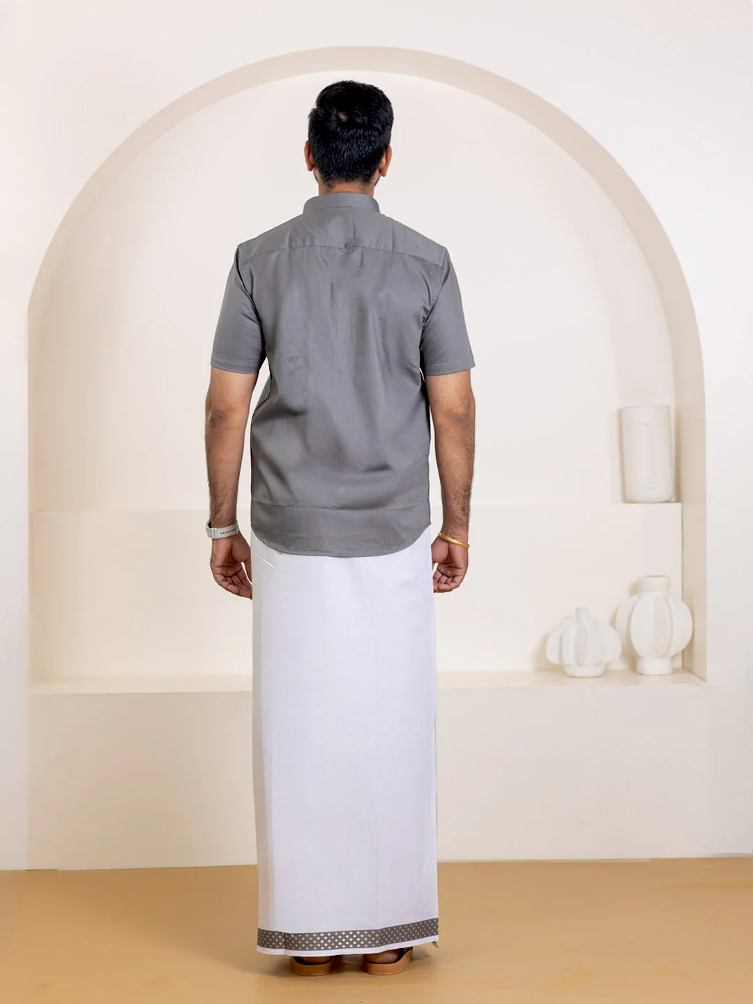 Men 100% Cotton Shuttle Grey Shirt and Fancy Border Dhoti Set BT6 - Image 5