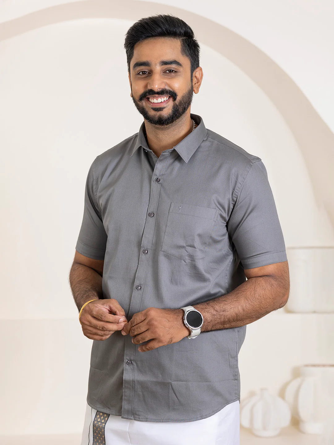 Men 100% Cotton Shuttle Grey Shirt and Fancy Border Dhoti Set BT6 - Image 7