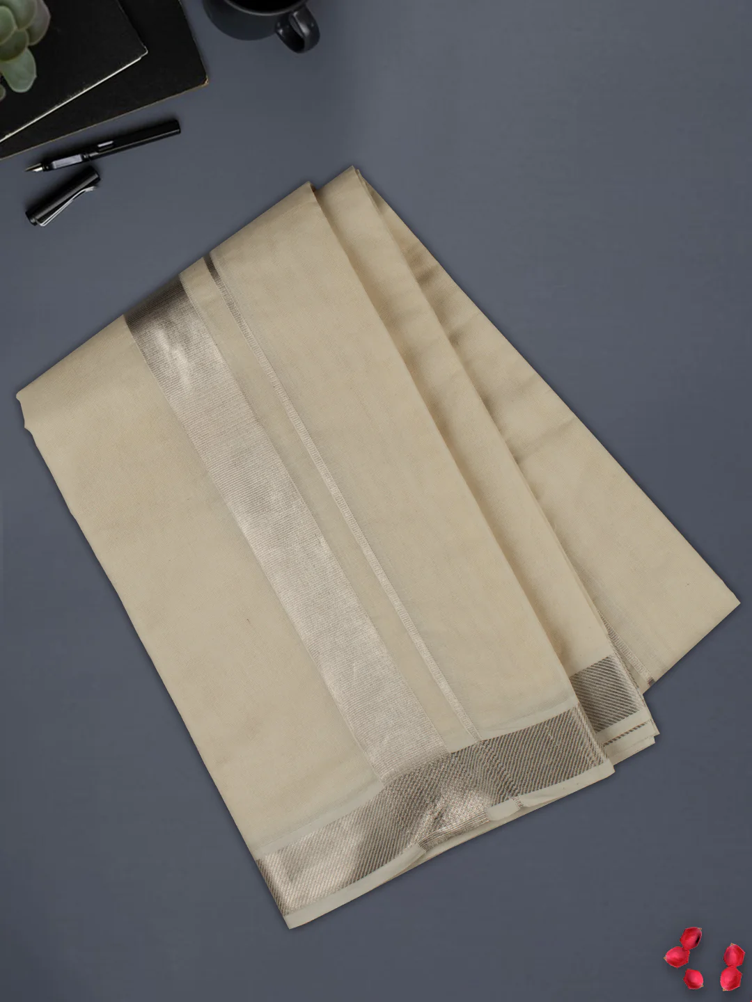 Men 100% Cotton Silver Border Double Layer Dhoti Luxury Club - Image 2
