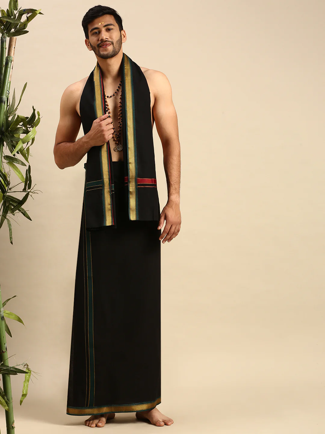 Men 100% Cotton Single Layer Black Dhoti & Towel Set with Mayilkhan Border Brindhavan