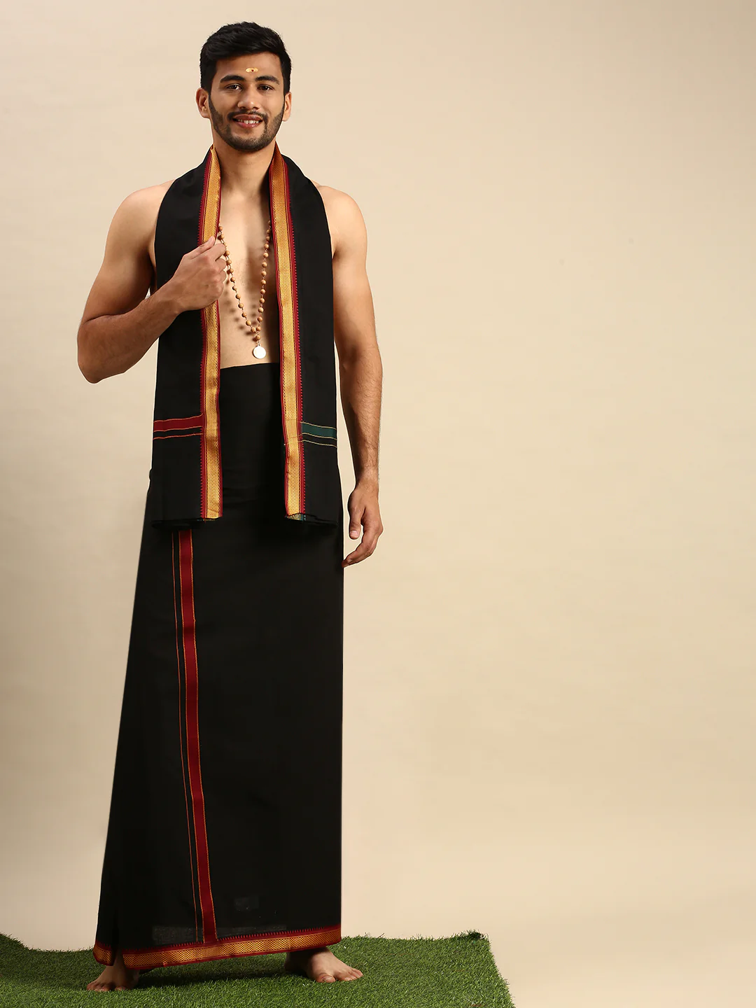 Men 100% Cotton Single Layer Black Dhoti & Towel Set with Mayilkhan Border Brindhavan - Image 2